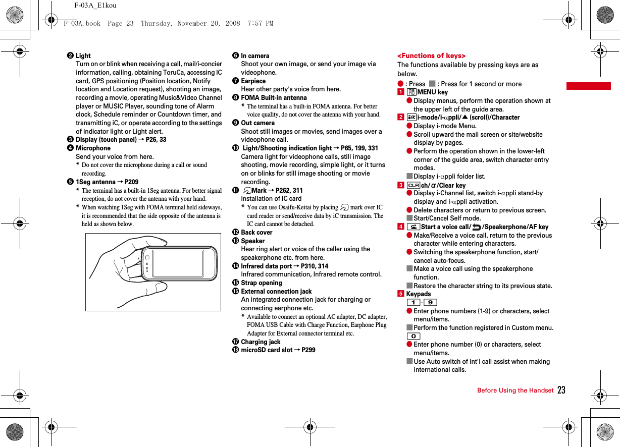 23Before Using the HandsetF-03A_E1koubLightTurn on or blink when receiving a call, mail/i-concier information, calling, obtaining ToruCa, accessing IC card, GPS positioning (Position location, Notify location and Location request), shooting an image, recording a movie, operating Music&amp;Video Channel player or MUSIC Player, sounding tone of Alarm clock, Schedule reminder or Countdown timer, and transmitting iC, or operate according to the settings of Indicator light or Light alert.cDisplay (touch panel)→P26, 33dMicrophoneSend your voice from here.*Do not cover the microphone during a call or sound recording.e1Seg antenna→P209*The terminal has a built-in 1Seg antenna. For better signal reception, do not cover the antenna with your hand.*When watching 1Seg with FOMA terminal held sideways, it is recommended that the side opposite of the antenna is held as shown below.fIn cameraShoot your own image, or send your image via videophone.gEarpieceHear other party&apos;s voice from here.hFOMA Built-in antenna*The terminal has a built-in FOMA antenna. For better voice quality, do not cover the antenna with your hand.iOut cameraShoot still images or movies, send images over a videophone call.j Light/Shooting indication light→P65, 199, 331Camera light for videophone calls, still image shooting, movie recording, simple light, or it turns on or blinks for still image shooting or movie recording.k Mark→P262, 311Installation of IC card*You can use Osaifu-Keitai by placing   mark over IC card reader or send/receive data by iC transmission. The IC card cannot be detached.lBack covermSpeakerHear ring alert or voice of the caller using the speakerphone etc. from here.nInfrared data port→P310, 314Infrared communication, Infrared remote control.oStrap openingpExternal connection jackAn integrated connection jack for charging or connecting earphone etc.*Available to connect an optional AC adapter, DC adapter, FOMA USB Cable with Charge Function, Earphone Plug Adapter for External connector terminal etc.qCharging jackrmicroSD card slot→P299&lt;Functions of keys&gt;The functions available by pressing keys are as below.● : Press  ■ : Press for 1 second or moreamMENU key●Display menus, perform the operation shown at the upper left of the guide area.bIi-mode/i-αppli/▲ (scroll)/Character●Display i-mode Menu.●Scroll upward the mail screen or site/website display by pages.●Perform the operation shown in the lower-left corner of the guide area, switch character entry modes.■Display i-αppli folder list.ccch/α/Clear key●Display i-Channel list, switch i-αppli stand-by display and i-αppli activation.●Delete characters or return to previous screen.■Start/Cancel Self mode.dnStart a voice call/ /Speakerphone/AF key●Make/Receive a voice call, return to the previous character while entering characters.●Switching the speakerphone function, start/cancel auto-focus.■Make a voice call using the speakerphone function.■Restore the character string to its previous state.eKeypads1-9●Enter phone numbers (1-9) or characters, select menu/items.■Perform the function registered in Custom menu.0●Enter phone number (0) or characters, select menu/items.■Use Auto switch of Int&apos;l call assist when making international calls.F-03A.book  Page 23  Thursday, November 20, 2008  7:57 PM