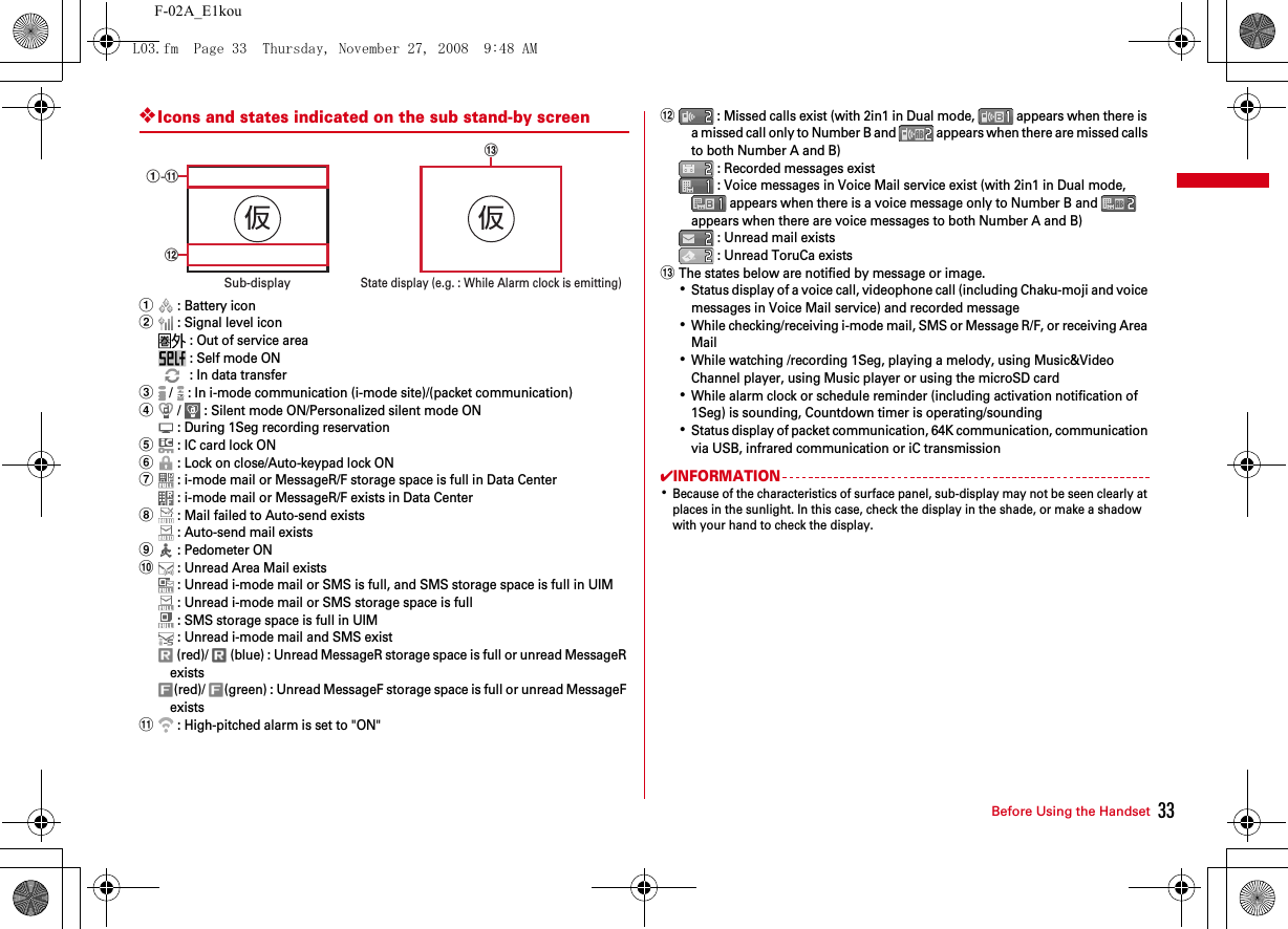 33Before Using the HandsetF-02A_E1kou❖Icons and states indicated on the sub stand-by screena : Battery iconb : Signal level icon : Out of service area : Self mode ON : In data transferc /   : In i-mode communication (i-mode site)/(packet communication)d /   : Silent mode ON/Personalized silent mode ON : During 1Seg recording reservatione : IC card lock ONf : Lock on close/Auto-keypad lock ONg : i-mode mail or MessageR/F storage space is full in Data Center : i-mode mail or MessageR/F exists in Data Centerh : Mail failed to Auto-send exists : Auto-send mail existsi : Pedometer ONj : Unread Area Mail exists : Unread i-mode mail or SMS is full, and SMS storage space is full in UIM : Unread i-mode mail or SMS storage space is full : SMS storage space is full in UIM : Unread i-mode mail and SMS exist (red)/   (blue) : Unread MessageR storage space is full or unread MessageR exists(red)/  (green) : Unread MessageF storage space is full or unread MessageF existsk : High-pitched alarm is set to &quot;ON&quot;l : Missed calls exist (with 2in1 in Dual mode,   appears when there is a missed call only to Number B and   appears when there are missed calls to both Number A and B) : Recorded messages exist : Voice messages in Voice Mail service exist (with 2in1 in Dual mode,  appears when there is a voice message only to Number B and   appears when there are voice messages to both Number A and B) : Unread mail exists : Unread ToruCa existsmThe states below are notified by message or image.･Status display of a voice call, videophone call (including Chaku-moji and voice messages in Voice Mail service) and recorded message･While checking/receiving i-mode mail, SMS or Message R/F, or receiving Area Mail･While watching /recording 1Seg, playing a melody, using Music&amp;Video Channel player, using Music player or using the microSD card･While alarm clock or schedule reminder (including activation notification of 1Seg) is sounding, Countdown timer is operating/sounding･Status display of packet communication, 64K communication, communication via USB, infrared communication or iC transmission✔INFORMATION･Because of the characteristics of surface panel, sub-display may not be seen clearly at places in the sunlight. In this case, check the display in the shade, or make a shadow with your hand to check the display.仮仮lmSub-displayState display (e.g. : While Alarm clock is emitting)a-kL03.fm  Page 33  Thursday, November 27, 2008  9:48 AM