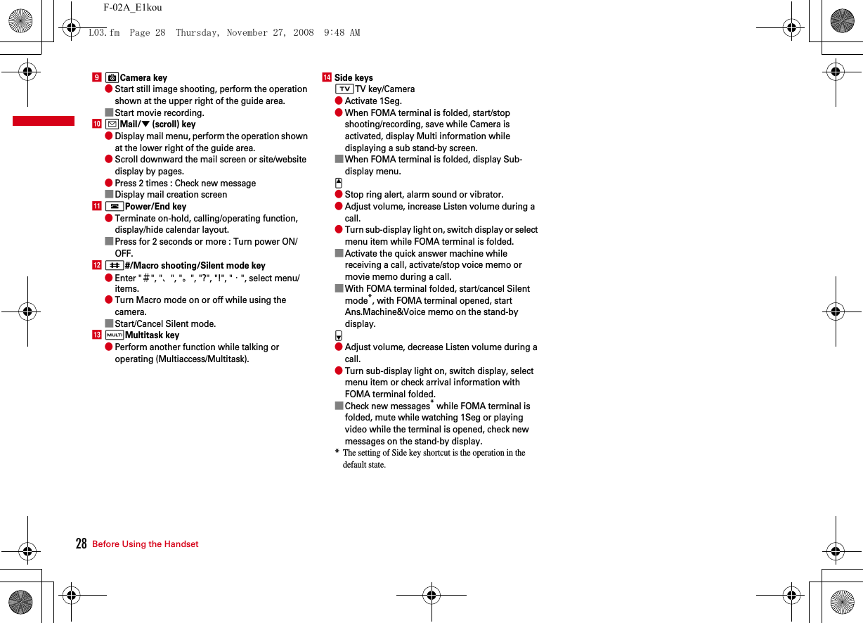 28 Before Using the HandsetF-02A_E1kouiCCamera key●Start still image shooting, perform the operation shown at the upper right of the guide area.■Start movie recording.jaMail/▼ (scroll) key●Display mail menu, perform the operation shown at the lower right of the guide area.●Scroll downward the mail screen or site/website display by pages.●Press 2 times : Check new message■Display mail creation screenkfPower/End key●Terminate on-hold, calling/operating function, display/hide calendar layout.■Press for 2 seconds or more : Turn power ON/OFF.l##/Macro shooting/Silent mode key●Enter &quot;＃&quot;, &quot;、&quot;, &quot;。&quot;, &quot;?&quot;, &quot;!&quot;, &quot;・&quot;, select menu/items.●Turn Macro mode on or off while using the camera.■Start/Cancel Silent mode.msMultitask key●Perform another function while talking or operating (Multiaccess/Multitask).nSide keysTTV key/Camera●Activate 1Seg.●When FOMA terminal is folded, start/stop shooting/recording, save while Camera is activated, display Multi information while displaying a sub stand-by screen.■When FOMA terminal is folded, display Sub-display menu.S●Stop ring alert, alarm sound or vibrator.●Adjust volume, increase Listen volume during a call.●Turn sub-display light on, switch display or select menu item while FOMA terminal is folded.■Activate the quick answer machine while receiving a call, activate/stop voice memo or movie memo during a call.■With FOMA terminal folded, start/cancel Silent mode*, with FOMA terminal opened, start Ans.Machine&amp;Voice memo on the stand-by display.D●Adjust volume, decrease Listen volume during a call.●Turn sub-display light on, switch display, select menu item or check arrival information with FOMA terminal folded.■Check new messages* while FOMA terminal is folded, mute while watching 1Seg or playing video while the terminal is opened, check new messages on the stand-by display.*The setting of Side key shortcut is the operation in the default state.L03.fm  Page 28  Thursday, November 27, 2008  9:48 AM