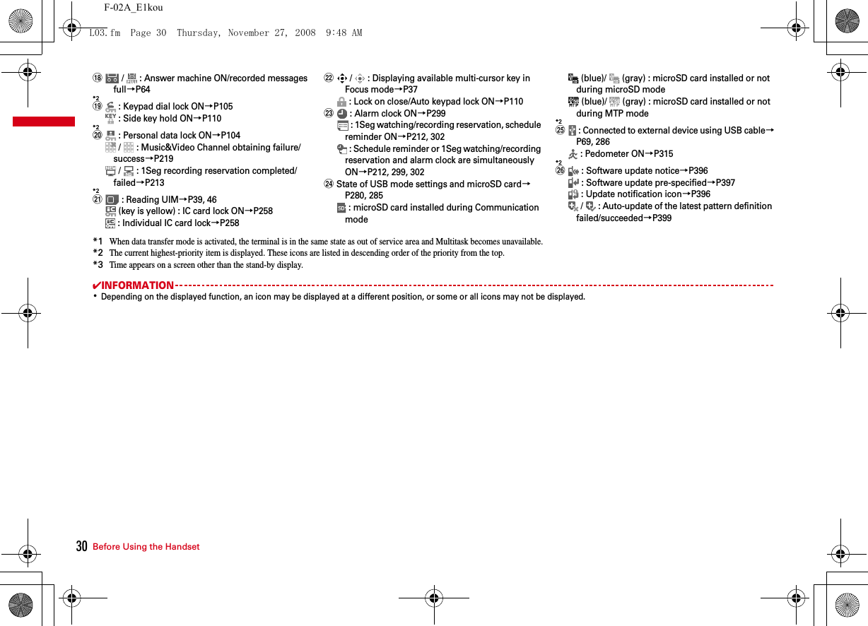 30 Before Using the HandsetF-02A_E1kour /   : Answer machine ON/recorded messages full→P64*2s : Keypad dial lock ON→P105 : Side key hold ON→P110*2t : Personal data lock ON→P104 /   : Music&amp;Video Channel obtaining failure/success→P219 /   : 1Seg recording reservation completed/failed→P213*2u : Reading UIM→P39, 46 (key is yellow) : IC card lock ON→P258 : Individual IC card lock→P258v /   : Displaying available multi-cursor key in Focus mode→P37 : Lock on close/Auto keypad lock ON→P110w : Alarm clock ON→P299 : 1Seg watching/recording reservation, schedule reminder ON→P212, 302 : Schedule reminder or 1Seg watching/recording reservation and alarm clock are simultaneously ON→P212, 299, 302xState of USB mode settings and microSD card→P280, 285 : microSD card installed during Communication mode (blue)/   (gray) : microSD card installed or not during microSD mode (blue)/   (gray) : microSD card installed or not during MTP mode*2y : Connected to external device using USB cable→P69, 286 : Pedometer ON→P315*2z : Software update notice→P396 : Software update pre-specified→P397 : Update notification icon→P396 /   : Auto-update of the latest pattern definition failed/succeeded→P399*1When data transfer mode is activated, the terminal is in the same state as out of service area and Multitask becomes unavailable.*2The current highest-priority item is displayed. These icons are listed in descending order of the priority from the top.*3Time appears on a screen other than the stand-by display.✔INFORMATION･Depending on the displayed function, an icon may be displayed at a different position, or some or all icons may not be displayed.L03.fm  Page 30  Thursday, November 27, 2008  9:48 AM