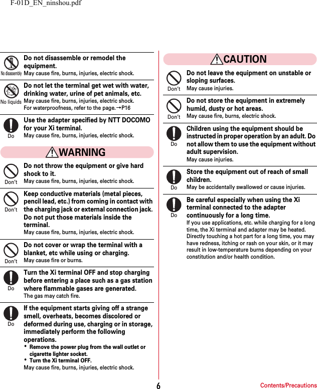 F-01D_EN_ninshou.pdfContents/Precautions6Do not disassemble or remodel the equipment.May cause fire, burns, injuries, electric shock.Do not let the terminal get wet with water, drinking water, urine of pet animals, etc.May cause fire, burns, injuries, electric shock.For waterproofness, refer to the page.→P16Use the adapter specified by NTT DOCOMO for your Xi terminal.May cause fire, burns, injuries, electric shock.WARNINGDo not throw the equipment or give hard shock to it.May cause fire, burns, injuries, electric shock.Keep conductive materials (metal pieces, pencil lead, etc.) from coming in contact with the charging jack or external connection jack. Do not put those materials inside the terminal.May cause fire, burns, injuries, electric shock.Do not cover or wrap the terminal with a blanket, etc while using or charging.May cause fire or burns.Turn the Xi terminal OFF and stop charging before entering a place such as a gas station where flammable gases are generated.The gas may catch fire.If the equipment starts giving off a strange smell, overheats, becomes discolored or deformed during use, charging or in storage, immediately perform the following operations.･Remove the power plug from the wall outlet or cigarette lighter socket.･Turn the Xi terminal OFF.May cause fire, burns, injuries, electric shock.CAUTIONDo not leave the equipment on unstable or sloping surfaces.May cause injuries.Do not store the equipment in extremely humid, dusty or hot areas.May cause fire, burns, electric shock.Children using the equipment should be instructed in proper operation by an adult. Do not allow them to use the equipment without adult supervision.May cause injuries.Store the equipment out of reach of small children.May be accidentally swallowed or cause injuries.Be careful especially when using the Xi terminal connected to the adapter continuously for a long time.If you use applications, etc. while charging for a long time, the Xi terminal and adapter may be heated.Directly touching a hot part for a long time, you may have redness, itching or rash on your skin, or it may result in low-temperature burns depending on your constitution and/or health condition.No disassemblyNo liquidsDoDon’tDon’tDon’tDoDoDon’tDon’tDoDoDo