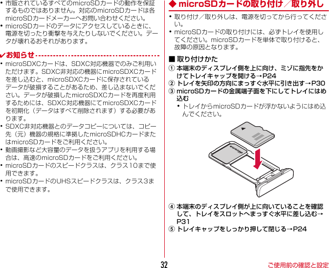 ご使用前の確認と設定32･市販されているすべてのmicroSDカードの動作を保証するものではありません。対応のmicroSDカードは各microSDカードメーカーへお問い合わせください。･microSDカードのデータにアクセスしているときに、電源を切ったり衝撃を与えたりしないでください。データが壊れるおそれがあります。✔お知らせ･microSDXCカードは、SDXC対応機器でのみご利用いただけます。SDXC非対応の機器にmicroSDXCカードを差し込むと、microSDXCカードに保存されているデータが破損することがあるため、差し込まないでください。データが破損したmicroSDXCカードを再度利用するためには、SDXC対応機器にてmicroSDXCカードを初期化（データはすべて削除されます）する必要があります。･SDXC非対応機器とのデータコピーについては、コピー先（元）機器の規格に準拠したmicroSDHCカードまたはmicroSDカードをご利用ください。･動画撮影など大容量のデータを扱うアプリを利用する場合は、高速のmicroSDカードをご利用ください。･microSDカードのスピードクラスは、クラス10まで使用できます。･microSDカードのUHSスピードクラスは、クラス3まで使用できます。◆ microSDカードの取り付け／取り外し･取り付け／取り外しは、電源を切ってから行ってください。･microSDカードの取り付けには、必ずトレイを使用してください。microSDカードを単体で取り付けると、故障の原因となります。■ 取り付けかたa本端末のディスプレイ側を上に向け、ミゾに指先をかけてトレイキャップを開ける→P24bトレイを矢印の方向にまっすぐ水平に引き出す→P30cmicroSDカードの金属端子面を下にしてトレイにはめ込む･トレイからmicroSDカードが浮かないようにはめ込んでください。d本端末のディスプレイ側が上に向いていることを確認して、トレイをスロットへまっすぐ水平に差し込む→P31eトレイキャップをしっかり押して閉じる→P24