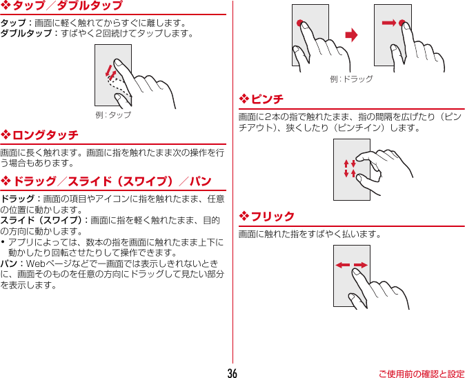 ご使用前の確認と設定36❖タップ／ダブルタップタップ：画面に軽く触れてからすぐに離します。ダブルタップ：すばやく2回続けてタップします。❖ロングタッチ画面に長く触れます。画面に指を触れたまま次の操作を行う場合もあります。❖ドラッグ／スライド（スワイプ）／パンドラッグ：画面の項目やアイコンに指を触れたまま、任意の位置に動かします。スライド（スワイプ）：画面に指を軽く触れたまま、目的の方向に動かします。･アプリによっては、数本の指を画面に触れたまま上下に動かしたり回転させたりして操作できます。パン：Webページなどで一画面では表示しきれないときに、画面そのものを任意の方向にドラッグして見たい部分を表示します。❖ピンチ画面に2本の指で触れたまま、指の間隔を広げたり（ピンチアウト）、狭くしたり（ピンチイン）します。❖フリック画面に触れた指をすばやく払います。例：タップ例：ドラッグ