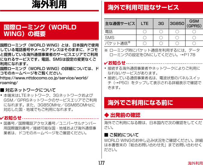 海外利用177海外利用国際ローミング（WORLDWING）とは、日本国内で使用している電話番号やメールアドレスはそのままに、ドコモと提携している海外通信事業者のサービスエリアでご利用になれるサービスです。電話、SMSは設定の変更なくご利用になれます。国際ローミング（WORLDWING）の詳細については、ドコモのホームページをご覧ください。https://www.nttdocomo.co.jp/service/world/roaming/■ 対応ネットワークについて･本端末はLTEネットワーク、3GネットワークおよびGSM／GPRSネットワークのサービスエリアでご利用になれます。また、3G850MHz／GSM850MHzに対応した国・地域でもご利用になれます。✔お知らせ･国番号／国際電話アクセス番号／ユニバーサルナンバー用国際識別番号／接続可能な国・地域および海外通信事業者は、ドコモのホームページをご確認ください。※ ローミング時にパケット通信を利用するには、データローミングの設定をONにしてください。→P178✔お知らせ･接続する海外通信事業者やネットワークによりご利用になれないサービスがあります。･接続している通信事業者名は、電波状態のパネルスイッチ（→P50）をタップして表示される詳細表示で確認できます。◆ 出発前の確認海外でご利用になる際は、日本国内で次の確認をしてください。■ ご契約についてWORLDWINGのお申し込み状況をご確認ください。詳細は本書巻末の「総合お問い合わせ先」までお問い合わせください。国際ローミング（WORLDWING）の概要海外で利用可能なサービス主な通信サービス LTE 3G 3G850 GSM（GPRS）電話 ○ ○ ○ ○SMS ○ ○ ○ ○パケット通信※○○○ ○海外でご利用になる前に