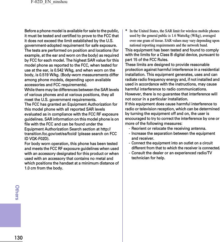 F-02D_EN_ninshou130OthersBefore a phone model is available for sale to the public, it must be tested and certified to prove to the FCC that it does not exceed the limit established by the U.S. government-adopted requirement for safe exposure. The tests are performed on position and locations (for example, at the ear and worn on the body) as required by FCC for each model. The highest SAR value for this model phone as reported to the FCC, when tested for use at the ear, is 0.542 W/kg, and when worn on the body, is 0.519 W/kg. (Body-worn measurements differ among phone models, depending upon available accessories and FCC requirements). While there may be differences between the SAR levels of various phones and at various positions, they all meet the U.S. government requirements. The FCC has granted an Equipment Authorization for this model phone with all reported SAR levels evaluated as in compliance with the FCC RF exposure guidelines. SAR information on this model phone is on file with the FCC and can be found under the Equipment Authorization Search section at http://transition.fcc.gov/oet/ea/fccid/ (please search on FCC ID VQK-F02D).For body worn operation, this phone has been tested and meets the FCC RF exposure guidelines when used with an accessory designated for this product or when used with an accessory that contains no metal and which positions the handset at a minimum distance of 1.0 cm from the body.*In the United States, the SAR limit for wireless mobile phones used by the general public is 1.6 Watts/kg (W/kg), averaged over one gram of tissue. SAR values may vary depending upon national reporting requirements and the network band.This equipment has been tested and found to comply with the limits for a Class B digital device, pursuant to part 15 of the FCC Rules.These limits are designed to provide reasonable protection against harmful interference in a residential installation. This equipment generates, uses and can radiate radio frequency energy and, if not installed and used in accordance with the instructions, may cause harmful interference to radio communications. However, there is no guarantee that interference will not occur in a particular installation.If this equipment does cause harmful interference to radio or television reception, which can be determined by turning the equipment off and on, the user is encouraged to try to correct the interference by one or more of the following measures:- Reorient or relocate the receiving antenna.- Increase the separation between the equipment and receiver.-Connect the equipment into an outlet on a circuit different from that to which the receiver is connected.- Consult the dealer or an experienced radio/TV technician for help.
