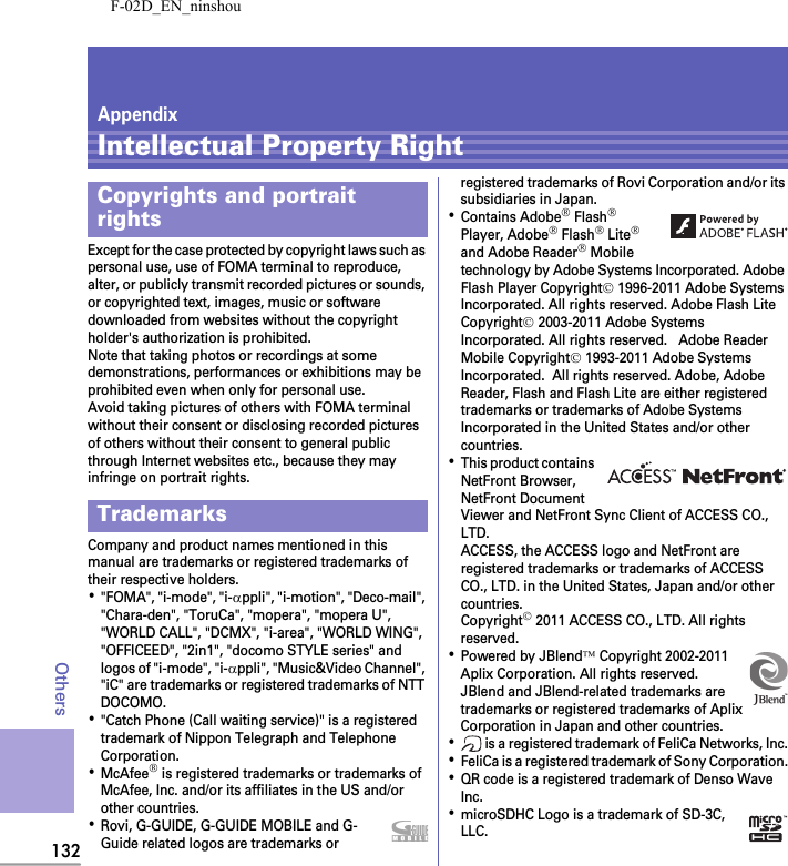 F-02D_EN_ninshou132OthersAppendixIntellectual Property RightExcept for the case protected by copyright laws such as personal use, use of FOMA terminal to reproduce, alter, or publicly transmit recorded pictures or sounds, or copyrighted text, images, music or software downloaded from websites without the copyright holder&apos;s authorization is prohibited.Note that taking photos or recordings at some demonstrations, performances or exhibitions may be prohibited even when only for personal use.Avoid taking pictures of others with FOMA terminal without their consent or disclosing recorded pictures of others without their consent to general public through Internet websites etc., because they may infringe on portrait rights.Company and product names mentioned in this manual are trademarks or registered trademarks of their respective holders.･&quot;FOMA&quot;, &quot;i-mode&quot;, &quot;i-αppli&quot;, &quot;i-motion&quot;, &quot;Deco-mail&quot;, &quot;Chara-den&quot;, &quot;ToruCa&quot;, &quot;mopera&quot;, &quot;mopera U&quot;, &quot;WORLD CALL&quot;, &quot;DCMX&quot;, &quot;i-area&quot;, &quot;WORLD WING&quot;, &quot;OFFICEED&quot;, &quot;2in1&quot;, &quot;docomo STYLE series&quot; and logos of &quot;i-mode&quot;, &quot;i-αppli&quot;, &quot;Music&amp;Video Channel&quot;, &quot;iC&quot; are trademarks or registered trademarks of NTT DOCOMO.･&quot;Catch Phone (Call waiting service)&quot; is a registered trademark of Nippon Telegraph and Telephone Corporation.･McAfee® is registered trademarks or trademarks of McAfee, Inc. and/or its affiliates in the US and/or other countries.･Rovi, G-GUIDE, G-GUIDE MOBILE and G-Guide related logos are trademarks or registered trademarks of Rovi Corporation and/or its subsidiaries in Japan.･Contains Adobe® Flash® Player, Adobe® Flash® Lite® and Adobe Reader® Mobile technology by Adobe Systems Incorporated. Adobe Flash Player Copyright© 1996-2011 Adobe Systems Incorporated. All rights reserved. Adobe Flash Lite Copyright© 2003-2011 Adobe Systems Incorporated. All rights reserved.   Adobe Reader Mobile Copyright© 1993-2011 Adobe Systems Incorporated.  All rights reserved. Adobe, Adobe Reader, Flash and Flash Lite are either registered trademarks or trademarks of Adobe Systems Incorporated in the United States and/or other countries.･This product contains NetFront Browser, NetFront Document Viewer and NetFront Sync Client of ACCESS CO., LTD.ACCESS, the ACCESS logo and NetFront are registered trademarks or trademarks of ACCESS CO., LTD. in the United States, Japan and/or other countries.Copyright© 2011 ACCESS CO., LTD. All rights reserved.･Powered by JBlend™ Copyright 2002-2011 Aplix Corporation. All rights reserved.JBlend and JBlend-related trademarks are trademarks or registered trademarks of Aplix Corporation in Japan and other countries.･ is a registered trademark of FeliCa Networks, Inc.･FeliCa is a registered trademark of Sony Corporation.･QR code is a registered trademark of Denso Wave Inc.･microSDHC Logo is a trademark of SD-3C, LLC.Copyrights and portrait rightsTrademarks