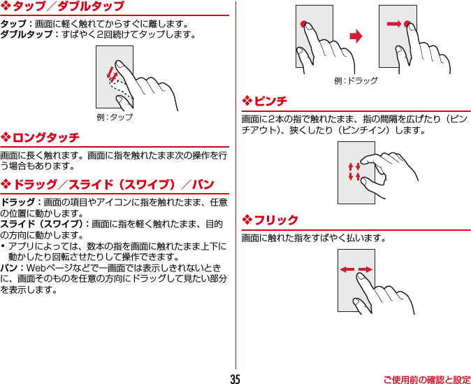 ご使用前の確認と設定35❖タップ／ダブルタップタップ：画面に軽く触れてからすぐに離します。ダブルタップ：すばやく2回続けてタップします。❖ロングタッチ画面に長く触れます。画面に指を触れたまま次の操作を行う場合もあります。❖ドラッグ／スライド（スワイプ）／パンドラッグ：画面の項目やアイコンに指を触れたまま、任意の位置に動かします。スライド（スワイプ）：画面に指を軽く触れたまま、目的の方向に動かします。･アプリによっては、数本の指を画面に触れたまま上下に動かしたり回転させたりして操作できます。パン：Webページなどで一画面では表示しきれないときに、画面そのものを任意の方向にドラッグして見たい部分を表示します。❖ピンチ画面に2本の指で触れたまま、指の間隔を広げたり（ピンチアウト）、狭くしたり（ピンチイン）します。❖フリック画面に触れた指をすばやく払います。例：タップ例：ドラッグ