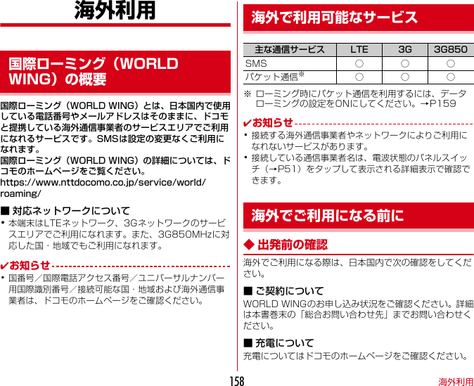 海外利用158海外利用国際ローミング（WORLDWING）とは、日本国内で使用している電話番号やメールアドレスはそのままに、ドコモと提携している海外通信事業者のサービスエリアでご利用になれるサービスです。SMSは設定の変更なくご利用になれます。国際ローミング（WORLDWING）の詳細については、ドコモのホームページをご覧ください。https://www.nttdocomo.co.jp/service/world/roaming/■ 対応ネットワークについて･本端末はLTEネットワーク、3Gネットワークのサービスエリアでご利用になれます。また、3G850MHzに対応した国・地域でもご利用になれます。✔お知らせ･国番号／国際電話アクセス番号／ユニバーサルナンバー用国際識別番号／接続可能な国・地域および海外通信事業者は、ドコモのホームページをご確認ください。※ ローミング時にパケット通信を利用するには、データローミングの設定をONにしてください。→P159✔お知らせ･接続する海外通信事業者やネットワークによりご利用になれないサービスがあります。･接続している通信事業者名は、電波状態のパネルスイッチ（→P51）をタップして表示される詳細表示で確認できます。◆ 出発前の確認海外でご利用になる際は、日本国内で次の確認をしてください。■ ご契約についてWORLDWINGのお申し込み状況をご確認ください。詳細は本書巻末の「総合お問い合わせ先」までお問い合わせください。■ 充電について充電についてはドコモのホームページをご確認ください。国際ローミング（WORLDWING）の概要海外で利用可能なサービス主な通信サービス LTE 3G 3G850SMS ○○○パケット通信※○○○海外でご利用になる前に