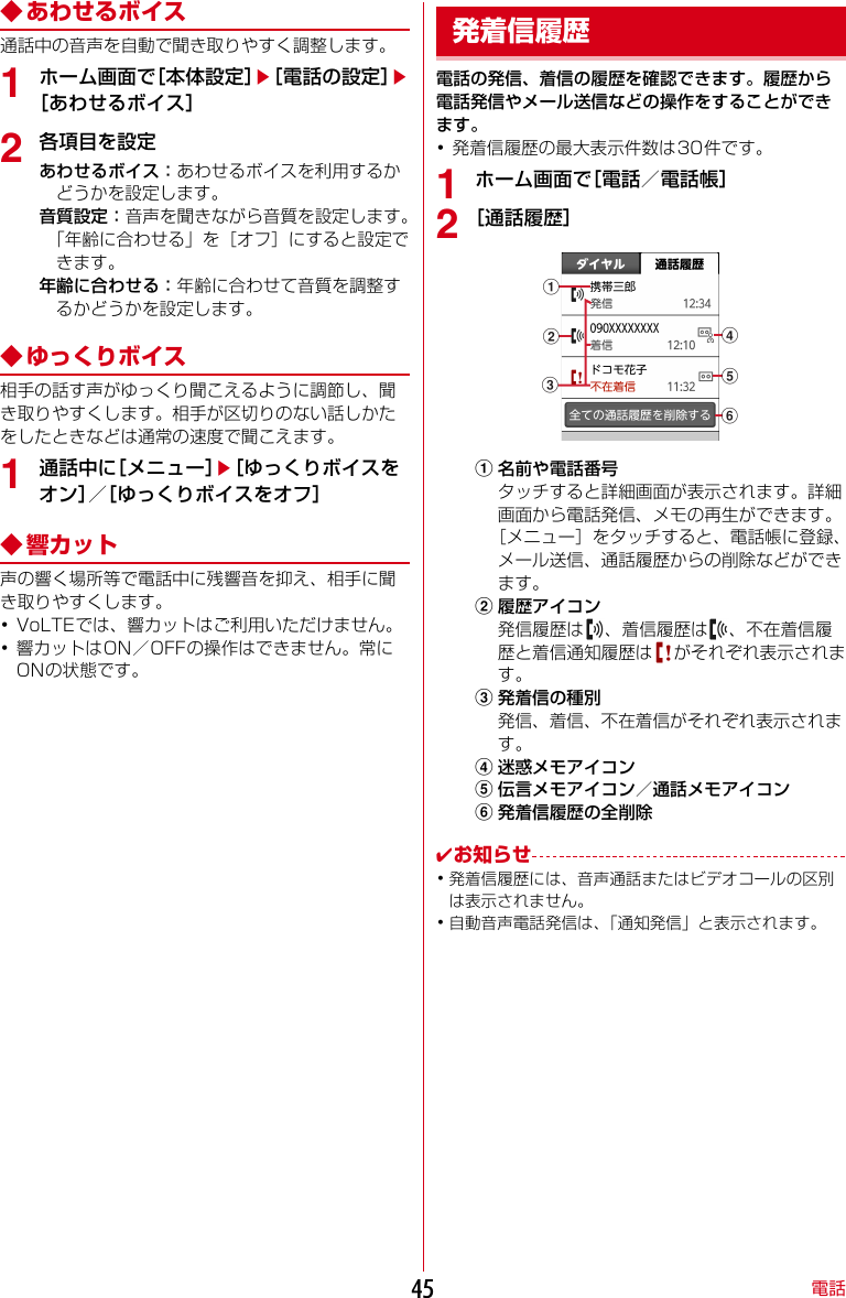 電話45◆ あわせるボイス通話中の音声を自動で聞き取りやすく調整します。1ホーム画面で［本体設定］e［電話の設定］e［あわせるボイス］2各項目を設定あわせるボイス：あわせるボイスを利用するかどうかを設定します。音質設定：音声を聞きながら音質を設定します。「年齢に合わせる」を［オフ］にすると設定できます。年齢に合わせる：年齢に合わせて音質を調整するかどうかを設定します。◆ ゆっくりボイス相手の話す声がゆっくり聞こえるように調節し、聞き取りやすくします。相手が区切りのない話しかたをしたときなどは通常の速度で聞こえます。1通話中に［メニュー］e［ゆっくりボイスをオン］／［ゆっくりボイスをオフ］◆ 響カット声の響く場所等で電話中に残響音を抑え、相手に聞き取りやすくします。･VoLTEでは、響カットはご利用いただけません。･響カットはON／OFFの操作はできません。常にONの状態です。電話の発信、着信の履歴を確認できます。履歴から電話発信やメール送信などの操作をすることができます。･発着信履歴の最大表示件数は30件です。1ホーム画面で［電話／電話帳］2［通話履歴］a名前や電話番号タッチすると詳細画面が表示されます。詳細画面から電話発信、メモの再生ができます。［メニュー］をタッチすると、電話帳に登録、メール送信、通話履歴からの削除などができます。b履歴アイコン発信履歴は 、着信履歴は 、不在着信履歴と着信通知履歴は がそれぞれ表示されます。c発着信の種別発信、着信、不在着信がそれぞれ表示されます。d迷惑メモアイコンe伝言メモアイコン／通話メモアイコンf発着信履歴の全削除✔お知らせ･発着信履歴には、音声通話またはビデオコールの区別は表示されません。･自動音声電話発信は、「通知発信」と表示されます。発着信履歴deabfc