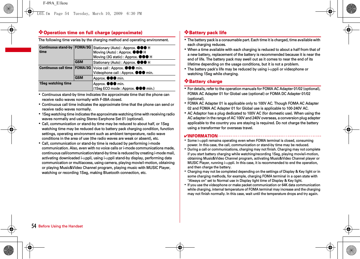 Before Using the Handset54F-09A_E1kou❖Operation time on full charge (approximate)The following time varies by the charging method and operating environment.･Continuous stand-by time indicates the approximate time that the phone can receive radio waves normally with F-09A closed.･Continuous call time indicates the approximate time that the phone can send or receive radio waves normally.･1Seg watching time indicates the approximate watching time with receiving radio waves normally and using Stereo Earphone Set 01 (optional).･Call, communication or stand-by time may be reduced to about half, or 1Seg watching time may be reduced due to battery pack charging condition, function settings, operating environment such as ambient temperature, radio wave conditions in the area of use (the radio waves are weak or absent), etc.･Call, communication or stand-by time is reduced by performing i-mode communication. Also, even with no voice calls or i-mode communications made, continuous call/communication/stand-by time is reduced by creating i-mode mail, activating downloaded i-αppli, using i-αppli stand-by display, performing data communication or multiaccess, using camera, playing movie/i-motion, obtaining or playing Music&amp;Video Channel program, playing music with MUSIC Player, watching or recording 1Seg, making Bluetooth connection, etc.❖Battery pack life･The battery pack is a consumable part. Each time it is charged, time available with each charging reduces.･When a time available with each charging is reduced to about a half from that of a new battery, replacement of the battery is recommended because it is near the end of life. The battery pack may swell out as it comes to near the end of its lifetime depending on the usage conditions, but it is not a problem.･The battery pack&apos;s life may be reduced by using i-αppli or videophone or watching 1Seg while charging.❖Battery charge･For details, refer to the operation manuals for FOMA AC Adapter 01/02 (optional), FOMA AC Adapter 01 for Global use (optional) or FOMA DC Adapter 01/02 (optional).･FOMA AC Adapter 01 is applicable only to 100V AC. Though FOMA AC Adapter 02 and FOMA AC Adapter 01 for Global use is applicable to 100-240V AC.･AC Adaptor has a plug dedicated to 100V AC (for domestic use). When using the AC adapter in the range of AC 100V and 240V overseas, a conversion plug adapter applicable to the country you are staying is required. Do not charge the battery using a transformer for overseas travel.✔INFORMATION･Some i-αppli remains operating even when FOMA terminal is closed, consuming power. In this case, the call, communication or stand-by time may be reduced.･During a call or communications, charging may not finish. Charging may not complete if you start battery charging while watching/recording 1Seg, playing movie/i-motion, obtaining Music&amp;Video Channel program, activating Music&amp;Video Channel player or MUSIC Player, running i-αppli. In this case, it is recommended to end the operation, and then charge the battery.･Charging may not be completed depending on the settings of Display &amp; Key light or in some charging methods, for example, charging FOMA terminal in a open state with &quot;Always on&quot; set to Normal use in Display light time of Display &amp; Key light.･If you use the videophone or make packet communication or 64K data communication while charging, internal temperature of FOMA terminal may increase and the charging may not finish normally. In this case, wait until the temperature drops and try again.Continuous stand-by timeFOMA/3GStationary (Auto) : Approx. ●●● HMoving (Auto) : Approx. ●●● HMoving (3G static) : Approx. ●●● HGSMStationary (Auto) : Approx. ●●● HContinuous call time FOMA/3GVoice call : Approx. ●●● min.Videophone call : Approx. ●●● min.GSMApprox. ●●● min.1Seg watching timeApprox. ●●● min.(1Seg ECO mode : Approx. ●●● min.)L03.fm  Page 54  Tuesday, March 10, 2009  6:30 PM