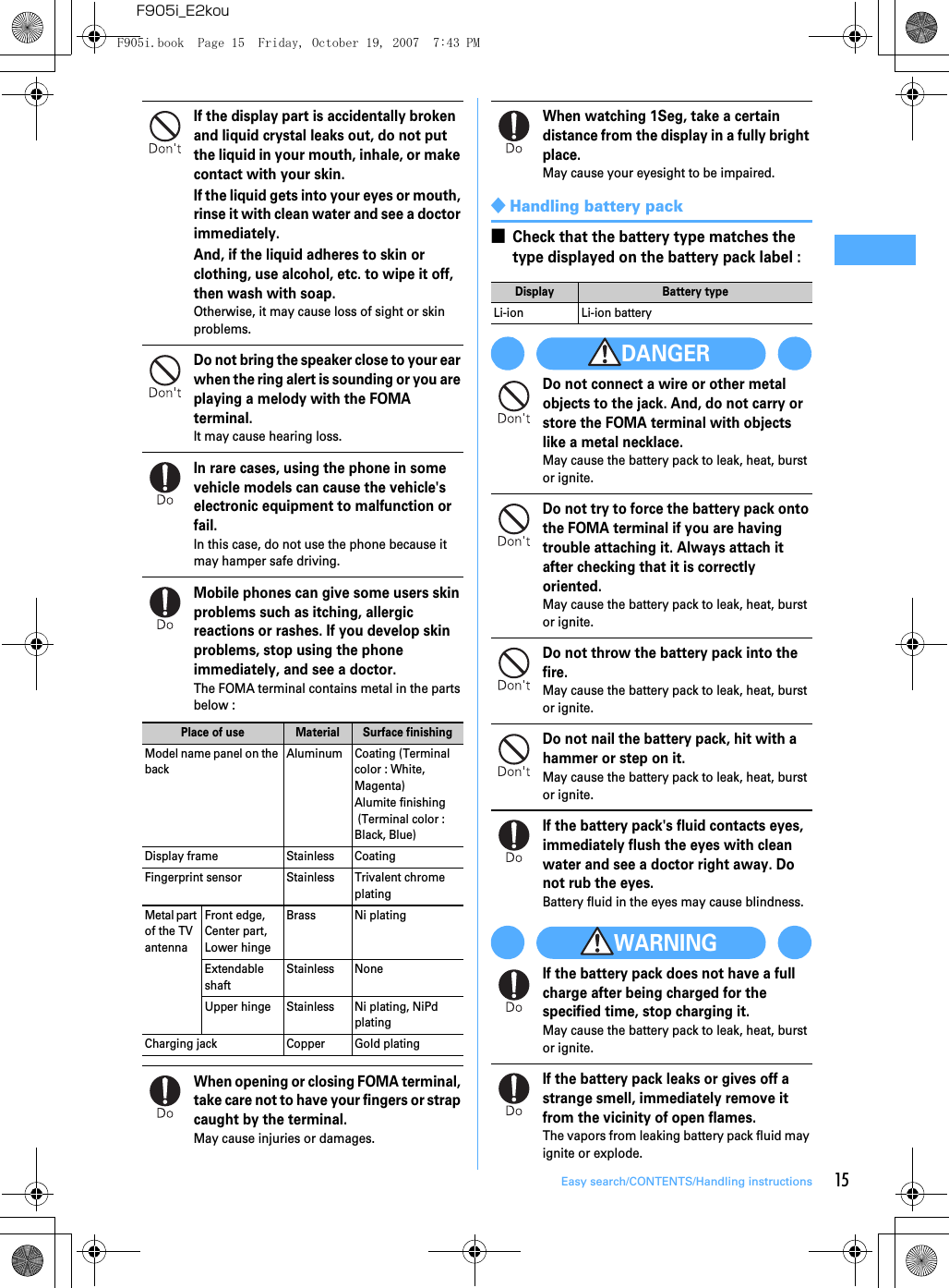 15Easy search/CONTENTS/Handling instructionsF905i_E2kouIf the display part is accidentally broken and liquid crystal leaks out, do not put the liquid in your mouth, inhale, or make contact with your skin.If the liquid gets into your eyes or mouth, rinse it with clean water and see a doctor immediately.And, if the liquid adheres to skin or clothing, use alcohol, etc. to wipe it off, then wash with soap.Otherwise, it may cause loss of sight or skin problems.Do not bring the speaker close to your ear when the ring alert is sounding or you are playing a melody with the FOMA terminal.It may cause hearing loss.In rare cases, using the phone in some vehicle models can cause the vehicle&apos;s electronic equipment to malfunction or fail.In this case, do not use the phone because it may hamper safe driving.Mobile phones can give some users skin problems such as itching, allergic reactions or rashes. If you develop skin problems, stop using the phone immediately, and see a doctor.The FOMA terminal contains metal in the parts below : When opening or closing FOMA terminal, take care not to have your fingers or strap caught by the terminal.May cause injuries or damages.When watching 1Seg, take a certain distance from the display in a fully bright place.May cause your eyesight to be impaired.◆Handling battery pack■Check that the battery type matches the type displayed on the battery pack label : DANGERDo not connect a wire or other metal objects to the jack. And, do not carry or store the FOMA terminal with objects like a metal necklace.May cause the battery pack to leak, heat, burst or ignite.Do not try to force the battery pack onto the FOMA terminal if you are having trouble attaching it. Always attach it after checking that it is correctly oriented.May cause the battery pack to leak, heat, burst or ignite.Do not throw the battery pack into the fire.May cause the battery pack to leak, heat, burst or ignite.Do not nail the battery pack, hit with a hammer or step on it.May cause the battery pack to leak, heat, burst or ignite.If the battery pack&apos;s fluid contacts eyes, immediately flush the eyes with clean water and see a doctor right away. Do not rub the eyes.Battery fluid in the eyes may cause blindness.WARNINGIf the battery pack does not have a full charge after being charged for the specified time, stop charging it.May cause the battery pack to leak, heat, burst or ignite.If the battery pack leaks or gives off a strange smell, immediately remove it from the vicinity of open flames.The vapors from leaking battery pack fluid may ignite or explode.Place of use Material Surface finishingModel name panel on the backAluminum Coating (Terminal color : White, Magenta)Alumite finishing (Terminal color : Black, Blue)Display frame Stainless CoatingFingerprint sensor Stainless Trivalent chrome platingMetal part of the TV antennaFront edge, Center part, Lower hingeBrass Ni platingExtendable shaftStainless NoneUpper hinge Stainless Ni plating, NiPd platingCharging jack Copper Gold platingDisplay Battery typeLi-ion Li-ion batteryF905i.book  Page 15  Friday, October 19, 2007  7:43 PM