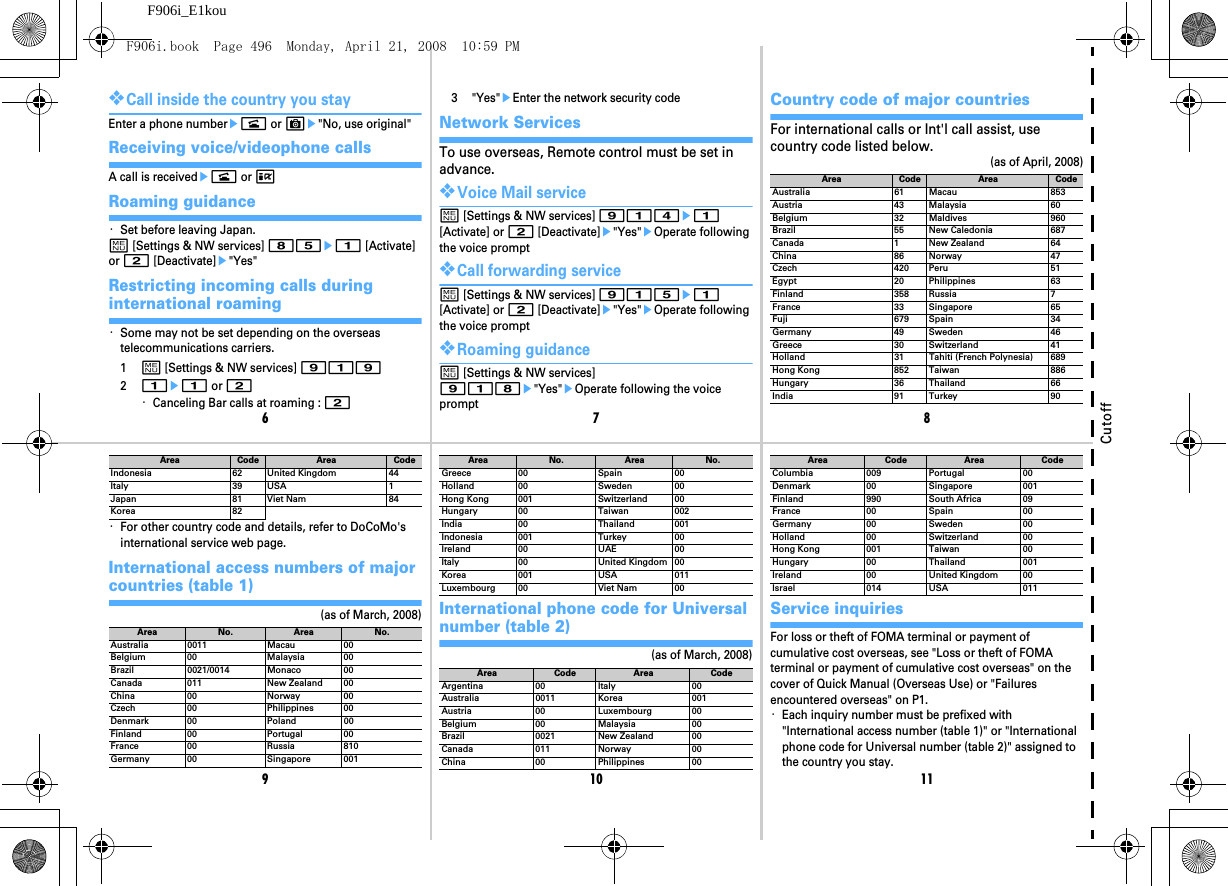 67891011F906i_E1kouCutoff❖Call inside the country you stayEnter a phone numberen or Ce&quot;No, use original&quot;Receiving voice/videophone callsA call is receiveden or IRoaming guidance・Set before leaving Japan.m [Settings &amp; NW services] 85e1 [Activate] or 2 [Deactivate]e&quot;Yes&quot;Restricting incoming calls during international roaming・Some may not be set depending on the overseas telecommunications carriers.1m [Settings &amp; NW services] 91921e1 or 2・Canceling Bar calls at roaming : 23&quot;Yes&quot;eEnter the network security codeNetwork ServicesTo use overseas, Remote control must be set in advance.❖Voice Mail servicem [Settings &amp; NW services] 914e1 [Activate] or 2 [Deactivate]e&quot;Yes&quot;eOperate following the voice prompt❖Call forwarding servicem [Settings &amp; NW services] 915e1 [Activate] or 2 [Deactivate]e&quot;Yes&quot;eOperate following the voice prompt❖Roaming guidancem [Settings &amp; NW services] 918e&quot;Yes&quot;eOperate following the voice promptCountry code of major countriesFor international calls or Int&apos;l call assist, use country code listed below.(as of April, 2008)Area Code Area CodeAustralia 61 Macau 853Austria 43 Malaysia 60Belgium 32 Maldives 960Brazil 55 New Caledonia 687Canada 1 New Zealand 64China 86 Norway 47Czech 420 Peru 51Egypt 20 Philippines 63Finland 358 Russia 7France 33 Singapore 65Fuji 679 Spain 34Germany 49 Sweden 46Greece 30 Switzerland 41Holland 31 Tahiti (French Polynesia) 689Hong Kong 852 Taiwan 886Hungary 36 Thailand 66India 91 Turkey 90・For other country code and details, refer to DoCoMo&apos;s international service web page.International access numbers of major countries (table 1)(as of March, 2008)Indonesia 62 United Kingdom 44Italy 39 USA 1Japan 81 Viet Nam 84Korea 82Area No. Area No.Australia 0011 Macau 00Belgium 00 Malaysia 00Brazil 0021/0014 Monaco 00Canada 011 New Zealand 00China 00 Norway 00Czech 00 Philippines 00Denmark 00 Poland 00Finland 00 Portugal 00France 00 Russia 810Germany 00 Singapore 001Area Code Area CodeInternational phone code for Universal number (table 2)(as of March, 2008)Greece 00 Spain 00Holland 00 Sweden 00Hong Kong 001 Switzerland 00Hungary 00 Taiwan 002India 00 Thailand 001Indonesia 001 Turkey 00Ireland 00 UAE 00Italy 00 United Kingdom 00Korea 001 USA 011Luxembourg 00 Viet Nam 00Area Code Area CodeArgentina 00 Italy 00Australia 0011 Korea 001Austria 00 Luxembourg 00Belgium 00 Malaysia 00Brazil 0021 New Zealand 00Canada 011 Norway 00China 00 Philippines 00Area No. Area No.Service inquiriesFor loss or theft of FOMA terminal or payment of cumulative cost overseas, see &quot;Loss or theft of FOMA terminal or payment of cumulative cost overseas&quot; on the cover of Quick Manual (Overseas Use) or &quot;Failures encountered overseas&quot; on P1.・Each inquiry number must be prefixed with &quot;International access number (table 1)&quot; or &quot;International phone code for Universal number (table 2)&quot; assigned to the country you stay.Columbia 009 Portugal 00Denmark 00 Singapore 001Finland 990 South Africa 09France 00 Spain 00Germany 00 Sweden 00Holland 00 Switzerland 00Hong Kong 001 Taiwan 00Hungary 00 Thailand 001Ireland 00 United Kingdom 00Israel 014 USA 011Area Code Area CodeF906i.book  Page 496  Monday, April 21, 2008  10:59 PM