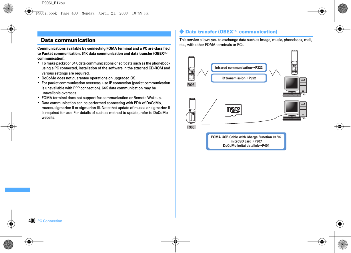 400 PC ConnectionF906i_E1kouData communicationCommunications available by connecting FOMA terminal and a PC are classified to Packet communication, 64K data communication and data transfer (OBEX™ communication).･To make packet or 64K data communications or edit data such as the phonebook using a PC connected, installation of the software in the attached CD-ROM and various settings are required.･DoCoMo does not guarantee operations on upgraded OS.･For packet communication overseas, use IP connection (packet communication is unavailable with PPP connection). 64K data communication may be unavailable overseas.･FOMA terminal does not support fax communication or Remote Wakeup.･Data communication can be performed connecting with PDA of DoCoMo, musea, sigmarion II or sigmarion III. Note that update of musea or sigmarion II is required for use. For details of such as method to update, refer to DoCoMo website.◆Data transfer (OBEX™ communication)This service allows you to exchange data such as image, music, phonebook, mail, etc., with other FOMA terminals or PCs.F906iF906iInfrared communication→P322iC transmission→P322FOMA USB Cable with Charge Function 01/02microSD card→P307DoCoMo keitai datalink→P404F906i.book  Page 400  Monday, April 21, 2008  10:59 PM