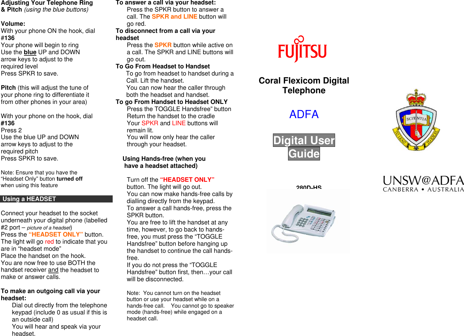 Page 1 of 2 - Fujitsu Fujitsu-280D-Hs-Users-Manual- UNSW@ADFA - Staff Gateway Digital Handset User Guide  Fujitsu-280d-hs-users-manual