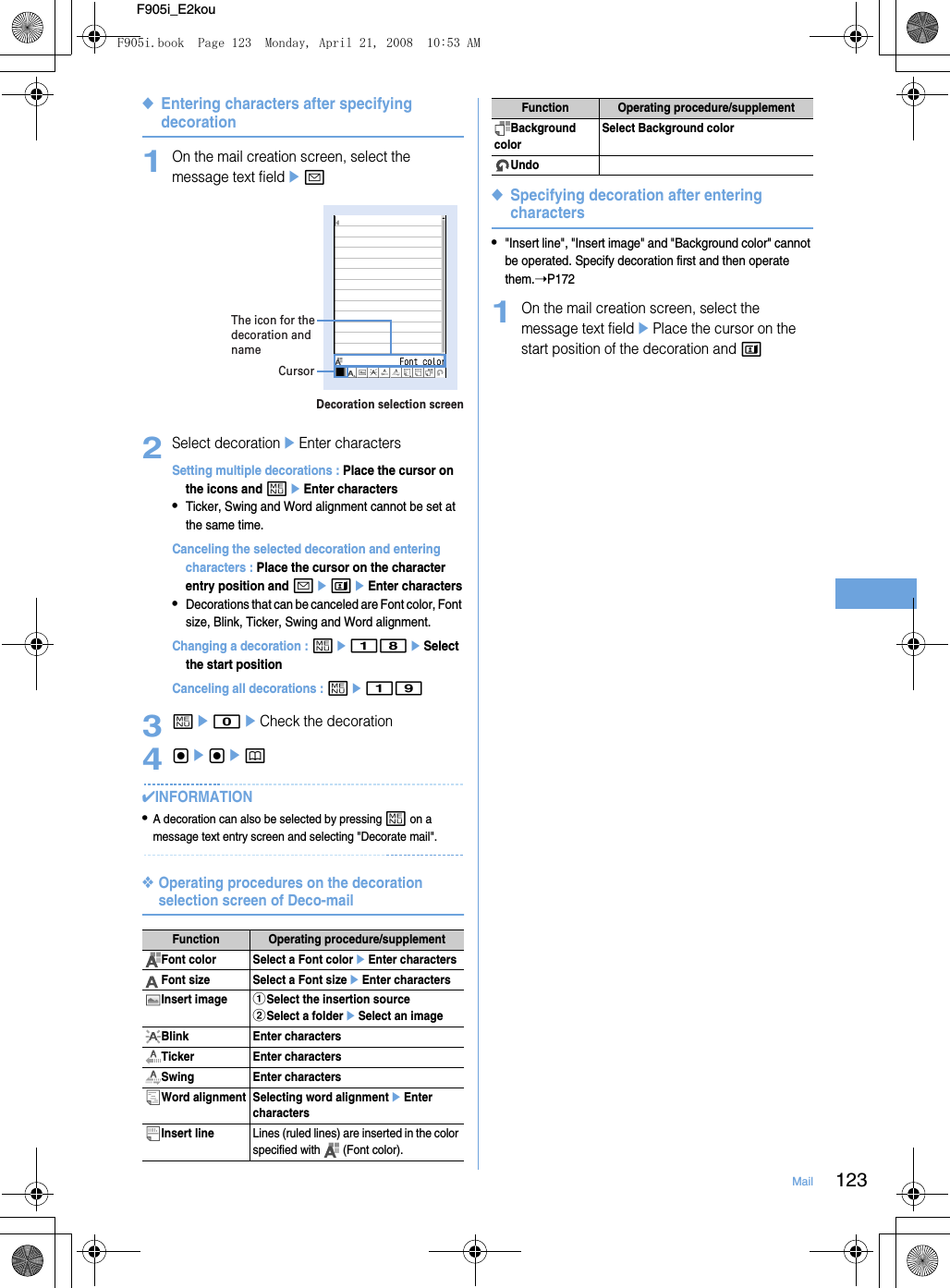 123MailF905i_E2kou◆Entering characters after specifying decoration1On the mail creation screen, select the message text fieldea2Select decorationeEnter charactersSetting multiple decorations : Place the cursor on the icons and meEnter characters•Ticker, Swing and Word alignment cannot be set at the same time.Canceling the selected decoration and entering characters : Place the cursor on the character entry position and aeteEnter characters•Decorations that can be canceled are Font color, Font size, Blink, Ticker, Swing and Word alignment.Changing a decoration : me18eSelect the start positionCanceling all decorations : me193me0eCheck the decoration4gegep✔INFORMATION•A decoration can also be selected by pressing m on a message text entry screen and selecting &quot;Decorate mail&quot;.❖Operating procedures on the decoration selection screen of Deco-mail◆Specifying decoration after entering characters•&quot;Insert line&quot;, &quot;Insert image&quot; and &quot;Background color&quot; cannot be operated. Specify decoration first and then operate them.➝P1721On the mail creation screen, select the message text fieldePlace the cursor on the start position of the decoration and tFunction Operating procedure/supplementFont color Select a Font coloreEnter charactersFont size Select a Font sizeeEnter charactersInsert imageaSelect the insertion sourcebSelect a foldereSelect an imageBlink Enter charactersTicker Enter charactersSwing Enter charactersWord alignment Selecting word alignmenteEnter charactersInsert lineLines (ruled lines) are inserted in the color specified with   (Font color).The icon for the decoration and nameCursorDecoration selection screenBackground colorSelect Background colorUndoFunction Operating procedure/supplementF905i.book  Page 123  Monday, April 21, 2008  10:53 AM