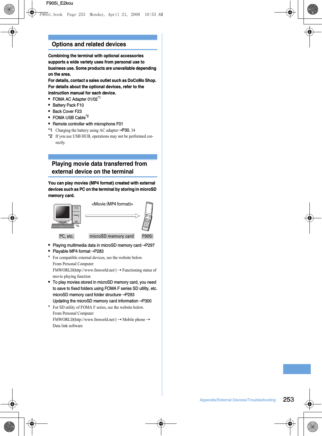 25Appendix/External Devices/Troubleshooting 253F905i_E2kouOptions and related devicesCombining the terminal with optional accessories supports a wide variety uses from personal use to business use. Some products are unavailable depending on the area.For details, contact a sales outlet such as DoCoMo Shop. For details about the optional devices, refer to the instruction manual for each device.•FOMA AC Adapter 01/02*1•Battery Pack F10•Back Cover F23•FOMA USB Cable*2•Remote controller with microphone F01*1Charging the battery using AC adapter➝P30, 34*2If you use USB HUB, operations may not be performed cor-rectly.Data interchange with external devicePlaying movie data transferred from external device on the terminalYou can play movies (MP4 format) created with external devices such as PC on the terminal by storing in microSD memory card.•Playing multimedia data in microSD memory card➝P297•Playable MP4 format➝P283*For compatible external devices, see the website below.From Personal ComputerFMWORLD(http://www.fmworld.net/) ➝ Functioning status of movie playing function•To play movies stored in microSD memory card, you need to save to fixed folders using FOMA F series SD utility, etc.microSD memory card folder structure➝P293Updating the microSD memory card information➝P300*For SD utility of FOMA F series, see the website below.From Personal ComputerFMWORLD(http://www.fmworld.net/) ➝ Mobile phone ➝ Data link software&lt;Movie (MP4 format)&gt;F905imicroSD memory card PC, etc.F905i.book  Page 253  Monday, April 21, 2008  10:53 AM