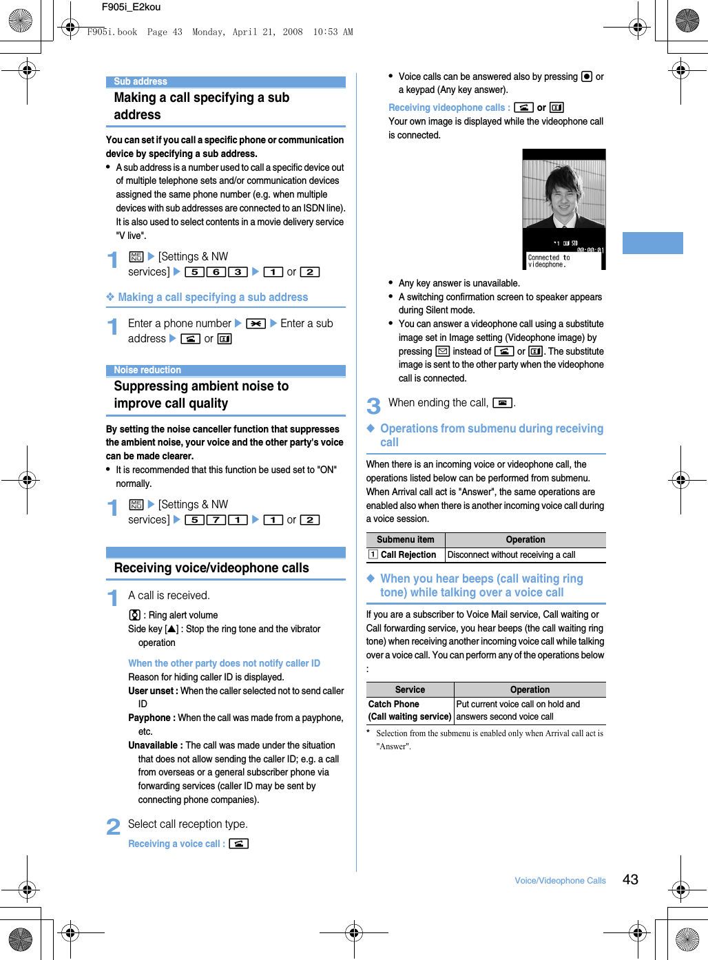 43Voice/Videophone CallsF905i_E2kouSub addressMaking a call specifying a sub addressYou can set if you call a specific phone or communication device by specifying a sub address.•A sub address is a number used to call a specific device out of multiple telephone sets and/or communication devices assigned the same phone number (e.g. when multiple devices with sub addresses are connected to an ISDN line).It is also used to select contents in a movie delivery service &quot;V live&quot;.1me[Settings &amp; NW services]e563e1 or 2❖Making a call specifying a sub address1Enter a phone numbere*eEnter a sub addressen or tNoise reductionSuppressing ambient noise to improve call qualityBy setting the noise canceller function that suppresses the ambient noise, your voice and the other party&apos;s voice can be made clearer.•It is recommended that this function be used set to &quot;ON&quot; normally.1me[Settings &amp; NW services]e571e1 or 2Receiving voice/vi deophone callsReceiving voice/videophone calls1A call is received.j : Ring alert volumeSide key [▲] : Stop the ring tone and the vibrator operationWhen the other party does not notify caller IDReason for hiding caller ID is displayed.User unset : When the caller selected not to send caller IDPayphone : When the call was made from a payphone, etc.Unavailable : The call was made under the situation that does not allow sending the caller ID; e.g. a call from overseas or a general subscriber phone via forwarding services (caller ID may be sent by connecting phone companies).2Select call reception type.Receiving a voice call : n•Voice calls can be answered also by pressing g or a keypad (Any key answer).Receiving videophone calls : n or tYour own image is displayed while the videophone call is connected.•Any key answer is unavailable.•A switching confirmation screen to speaker appears during Silent mode.•You can answer a videophone call using a substitute image set in Image setting (Videophone image) by pressing a instead of n or t. The substitute image is sent to the other party when the videophone call is connected.3When ending the call, f.◆Operations from submenu during receiving callWhen there is an incoming voice or videophone call, the operations listed below can be performed from submenu.When Arrival call act is &quot;Answer&quot;, the same operations are enabled also when there is another incoming voice call during a voice session.◆When you hear beeps (call waiting ring tone) while talking over a voice callIf you are a subscriber to Voice Mail service, Call waiting or Call forwarding service, you hear beeps (the call waiting ring tone) when receiving another incoming voice call while talking over a voice call. You can perform any of the operations below : *Selection from the submenu is enabled only when Arrival call act is &quot;Answer&quot;.Submenu item Operationa Call RejectionDisconnect without receiving a callService OperationCatch Phone (Call waiting service)Put current voice call on hold and answers second voice callF905i.book  Page 43  Monday, April 21, 2008  10:53 AM