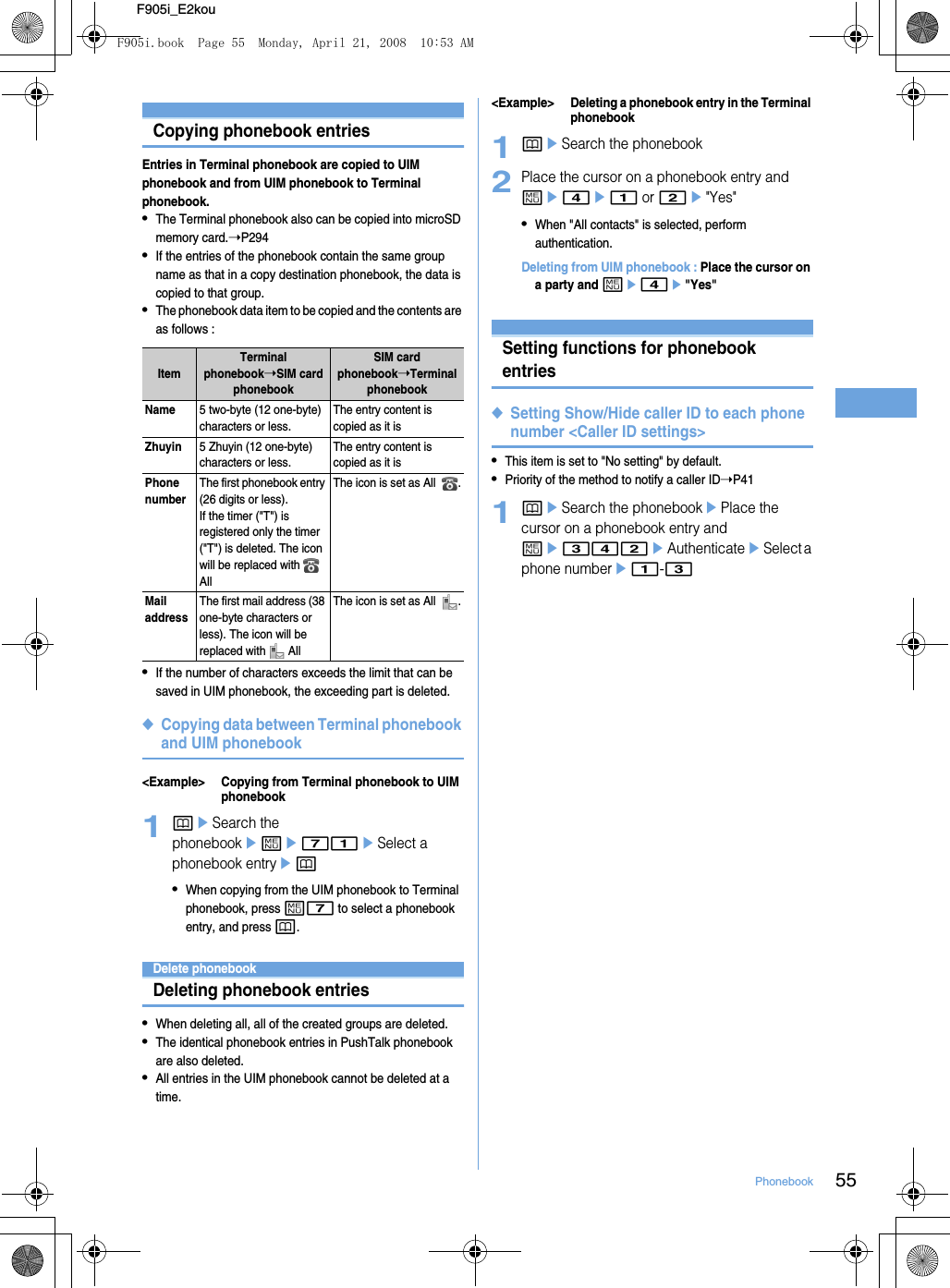 55PhonebookF905i_E2kouCopying phonebook entriesEntries in Terminal phonebook are copied to UIM phonebook and from UIM phonebook to Terminal phonebook.•The Terminal phonebook also can be copied into microSD memory card.➝P294•If the entries of the phonebook contain the same group name as that in a copy destination phonebook, the data is copied to that group.•The phonebook data item to be copied and the contents are as follows : •If the number of characters exceeds the limit that can be saved in UIM phonebook, the exceeding part is deleted.◆Copying data between Terminal phonebook and UIM phonebook&lt;Example&gt; Copying from Terminal phonebook to UIM phonebook1peSearch the phonebookeme71eSelect a phonebook entryep•When copying from the UIM phonebook to Terminal phonebook, press m7 to select a phonebook entry, and press p.Delete phonebookDeleting phonebook entries•When deleting all, all of the created groups are deleted.•The identical phonebook entries in PushTalk phonebook are also deleted.•All entries in the UIM phonebook cannot be deleted at a time.&lt;Example&gt; Deleting a phonebook entry in the Terminal phonebook1peSearch the phonebook2Place the cursor on a phonebook entry and me4e1 or 2e&quot;Yes&quot;•When &quot;All contacts&quot; is selected, perform authentication.Deleting from UIM phonebook : Place the cursor on a party and me4e&quot;Yes&quot;Setting functions for phonebook entries◆Setting Show/Hide caller ID to each phone number &lt;Caller ID settings&gt;•This item is set to &quot;No setting&quot; by default.•Priority of the method to notify a caller ID➝P411peSearch the phonebookePlace the cursor on a phonebook entry and me342eAuthenticateeSelect a phone numbere1-3ItemTerminal phonebook➝SIM card phonebookSIM card phonebook➝Terminal phonebookName5 two-byte (12 one-byte) characters or less.The entry content is copied as it isZhuyin5 Zhuyin (12 one-byte) characters or less.The entry content is copied as it isPhone numberThe first phonebook entry (26 digits or less).  If the timer (&quot;T&quot;) is registered only the timer (&quot;T&quot;) is deleted. The icon will be replaced with   All The icon is set as All   .Mail addressThe first mail address (38 one-byte characters or less). The icon will be replaced with   AllThe icon is set as All   .F905i.book  Page 55  Monday, April 21, 2008  10:53 AM