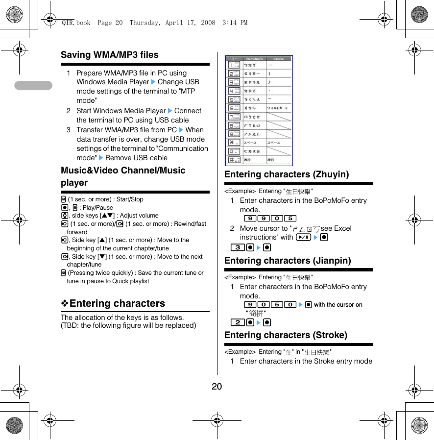 20Saving WMA/MP3 files1 Prepare WMA/MP3 file in PC using Windows Media PlayereChange USB mode settings of the terminal to &quot;MTP mode&quot;2 Start Windows Media PlayereConnect the terminal to PC using USB cable3 Transfer WMA/MP3 file from PCeWhen data transfer is over, change USB mode settings of the terminal to &quot;Communication mode&quot;eRemove USB cableMusic&amp;Video Channel/Music playerM (1 sec. or more) : Start/Stopg, M : Play/Pausej, side keys [▲▼] : Adjust volumel (1 sec. or more)/r (1 sec. or more) : Rewind/fast forwardl, Side key [▲] (1 sec. or more) : Move to the beginning of the current chapter/tuner, Side key [▼] (1 sec. or more) : Move to the next chapter/tuneM (Pressing twice quickly) : Save the current tune or tune in pause to Quick playlist❖Entering charactersThe allocation of the keys is as follows.(TBD: the following figure will be replaced)Entering characters (Zhuyin)&lt;Example&gt; Entering &quot; &quot;1 Enter characters in the BoPoMoFo entry mode.  99052 Move cursor to &quot; see Excel instructions&quot; with Reg3gegEntering characters (Jianpin)&lt;Example&gt; Entering &quot; &quot;1 Enter characters in the BoPoMoFo entry mode.  9050eg with the cursor on &quot;&quot;2gegEntering characters (Stroke)&lt;Example&gt; Entering &quot; &quot; in &quot; &quot;1 Enter characters in the Stroke entry modeQIR.book  Page 20  Thursday, April 17, 2008  3:14 PM