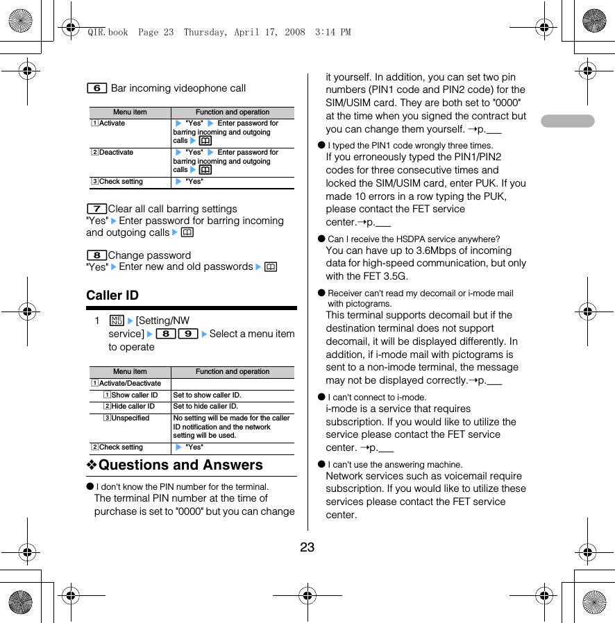 236 Bar incoming videophone call7Clear all call barring settings &quot;Yes&quot;eEnter password for barring incoming and outgoing callsep8Change password &quot;Yes&quot;eEnter new and old passwordsepCaller ID1me[Setting/NW service]e89eSelect a menu item to operate ❖Questions and Answers●I don&apos;t know the PIN number for the terminal.The terminal PIN number at the time of purchase is set to &quot;0000&quot; but you can change it yourself. In addition, you can set two pin numbers (PIN1 code and PIN2 code) for the SIM/USIM card. They are both set to &quot;0000&quot; at the time when you signed the contract but you can change them yourself. ➝p.___ ●I typed the PIN1 code wrongly three times. If you erroneously typed the PIN1/PIN2 codes for three consecutive times and locked the SIM/USIM card, enter PUK. If you made 10 errors in a row typing the PUK, please contact the FET service center.➝p.___●Can I receive the HSDPA service anywhere? You can have up to 3.6Mbps of incoming data for high-speed communication, but only with the FET 3.5G.●Receiver can&apos;t read my decomail or i-mode mail with pictograms. This terminal supports decomail but if the destination terminal does not support decomail, it will be displayed differently. In addition, if i-mode mail with pictograms is sent to a non-imode terminal, the message may not be displayed correctly.➝p.___●I can&apos;t connect to i-mode. i-mode is a service that requires subscription. If you would like to utilize the service please contact the FET service center. ➝p.___●I can&apos;t use the answering machine.Network services such as voicemail require subscription. If you would like to utilize these services please contact the FET service center. Menu item Function and operationaActivate e &quot;Yes&quot; e Enter password for barring incoming and outgoing callsepbDeactivate e &quot;Yes&quot; e Enter password for barring incoming and outgoing callsepcCheck setting e &quot;Yes&quot;Menu item Function and operationaActivate/DeactivateaShow caller ID Set to show caller ID.bHide caller ID Set to hide caller ID.cUnspecified No setting will be made for the caller ID notification and the network setting will be used. bCheck setting e &quot;Yes&quot;QIR.book  Page 23  Thursday, April 17, 2008  3:14 PM
