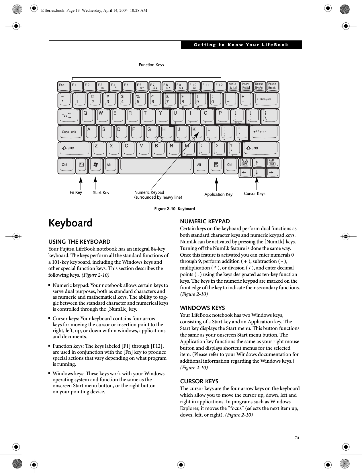 13Getting to Know Your LifeBookFigure 2-10  KeyboardKeyboard USING THE KEYBOARDYour Fujitsu LifeBook notebook has an integral 84-key keyboard. The keys perform all the standard functions of a 101-key keyboard, including the Windows keys and other special function keys. This section describes the following keys. (Figure 2-10)■Numeric keypad: Your notebook allows certain keys to serve dual purposes, both as standard characters and as numeric and mathematical keys. The ability to tog-gle between the standard character and numerical keys is controlled through the [NumLk] key.■Cursor keys: Your keyboard contains four arrowkeys for moving the cursor or insertion point to the right, left, up, or down within windows, applications and documents. ■Function keys: The keys labeled [F1] through [F12], are used in conjunction with the [Fn] key to produce special actions that vary depending on what program is running. ■Windows keys: These keys work with your Windows operating system and function the same as the onscreen Start menu button, or the right buttonon your pointing device.NUMERIC KEYPADCertain keys on the keyboard perform dual functions as both standard character keys and numeric keypad keys. NumLk can be activated by pressing the [NumLk] keys. Turning off the NumLk feature is done the same way. Once this feature is activated you can enter numerals 0 through 9, perform addition ( + ), subtraction ( - ),multiplication ( * ), or division ( / ), and enter decimal points ( . ) using the keys designated as ten-key function keys. The keys in the numeric keypad are marked on the front edge of the key to indicate their secondary functions. (Figure 2-10) WINDOWS KEYSYour LifeBook notebook has two Windows keys, consisting of a Start key and an Application key. The Start key displays the Start menu. This button functions the same as your onscreen Start menu button. The Application key functions the same as your right mouse button and displays shortcut menus for the selected item. (Please refer to your Windows documentation for additional information regarding the Windows keys.) (Figure 2-10)CURSOR KEYSThe cursor keys are the four arrow keys on the keyboard which allow you to move the cursor up, down, left and right in applications. In programs such as Windows Explorer, it moves the &ldquo;focus&rdquo; (selects the next item up, down, left, or right). (Figure 2-10)EndHomeFn Key Start KeyFunction KeysNumeric Keypad Application Key Cursor Keys(surrounded by heavy line) E Series.book  Page 13  Wednesday, April 14, 2004  10:28 AM