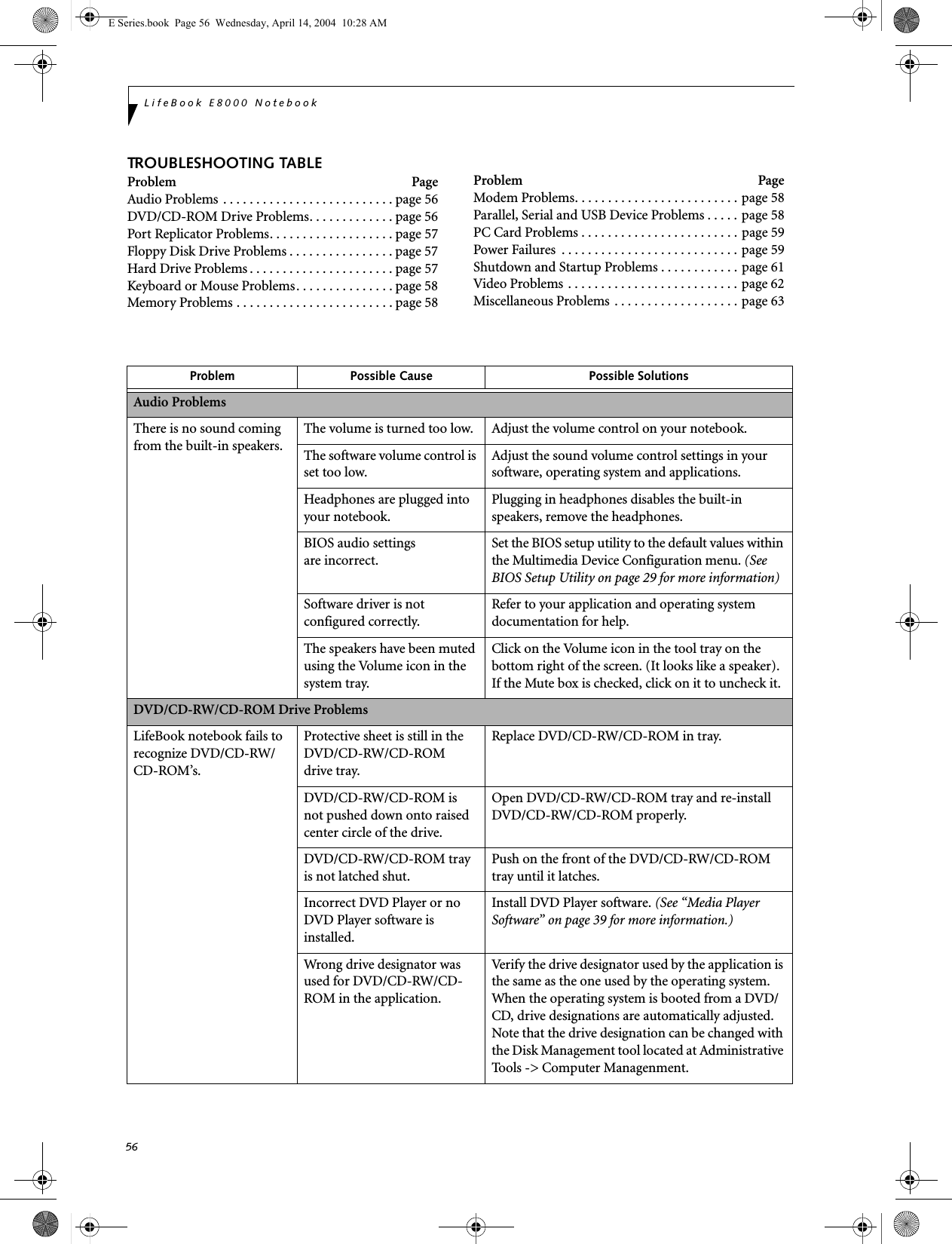 56LifeBook E8000 NotebookTROUBLESHOOTING TABLEProblem PageAudio Problems . . . . . . . . . . . . . . . . . . . . . . . . . . page 56DVD/CD-ROM Drive Problems. . . . . . . . . . . . . page 56Port Replicator Problems. . . . . . . . . . . . . . . . . . . page 57Floppy Disk Drive Problems . . . . . . . . . . . . . . . . page 57Hard Drive Problems . . . . . . . . . . . . . . . . . . . . . . page 57Keyboard or Mouse Problems. . . . . . . . . . . . . . . page 58Memory Problems . . . . . . . . . . . . . . . . . . . . . . . . page 58Problem PageModem Problems. . . . . . . . . . . . . . . . . . . . . . . . . page 58Parallel, Serial and USB Device Problems . . . . . page 58PC Card Problems . . . . . . . . . . . . . . . . . . . . . . . . page 59Power Failures  . . . . . . . . . . . . . . . . . . . . . . . . . . . page 59Shutdown and Startup Problems . . . . . . . . . . . . page 61Video Problems . . . . . . . . . . . . . . . . . . . . . . . . . . page 62Miscellaneous Problems . . . . . . . . . . . . . . . . . . . page 63Problem Possible Cause Possible SolutionsAudio ProblemsThere is no sound coming from the built-in speakers.The volume is turned too low. Adjust the volume control on your notebook.The software volume control is set too low.Adjust the sound volume control settings in your software, operating system and applications.Headphones are plugged into your notebook.Plugging in headphones disables the built-in speakers, remove the headphones.BIOS audio settingsare incorrect.Set the BIOS setup utility to the default values within the Multimedia Device Configuration menu. (See BIOS Setup Utility on page 29 for more information)Software driver is not configured correctly.Refer to your application and operating system documentation for help.The speakers have been muted using the Volume icon in the system tray.Click on the Volume icon in the tool tray on the bottom right of the screen. (It looks like a speaker). If the Mute box is checked, click on it to uncheck it.DVD/CD-RW/CD-ROM Drive ProblemsLifeBook notebook fails to recognize DVD/CD-RW/CD-ROM&rsquo;s.Protective sheet is still in the DVD/CD-RW/CD-ROMdrive tray.Replace DVD/CD-RW/CD-ROM in tray.DVD/CD-RW/CD-ROM is not pushed down onto raised center circle of the drive.Open DVD/CD-RW/CD-ROM tray and re-install DVD/CD-RW/CD-ROM properly.DVD/CD-RW/CD-ROM tray is not latched shut.Push on the front of the DVD/CD-RW/CD-ROM tray until it latches.Incorrect DVD Player or no DVD Player software is installed.Install DVD Player software. (See &ldquo;Media Player Software&rdquo; on page 39 for more information.)Wrong drive designator was used for DVD/CD-RW/CD-ROM in the application.Verify the drive designator used by the application is the same as the one used by the operating system. When the operating system is booted from a DVD/CD, drive designations are automatically adjusted. Note that the drive designation can be changed with the Disk Management tool located at Administrative Tools -> Computer Managenment.E Series.book  Page 56  Wednesday, April 14, 2004  10:28 AM