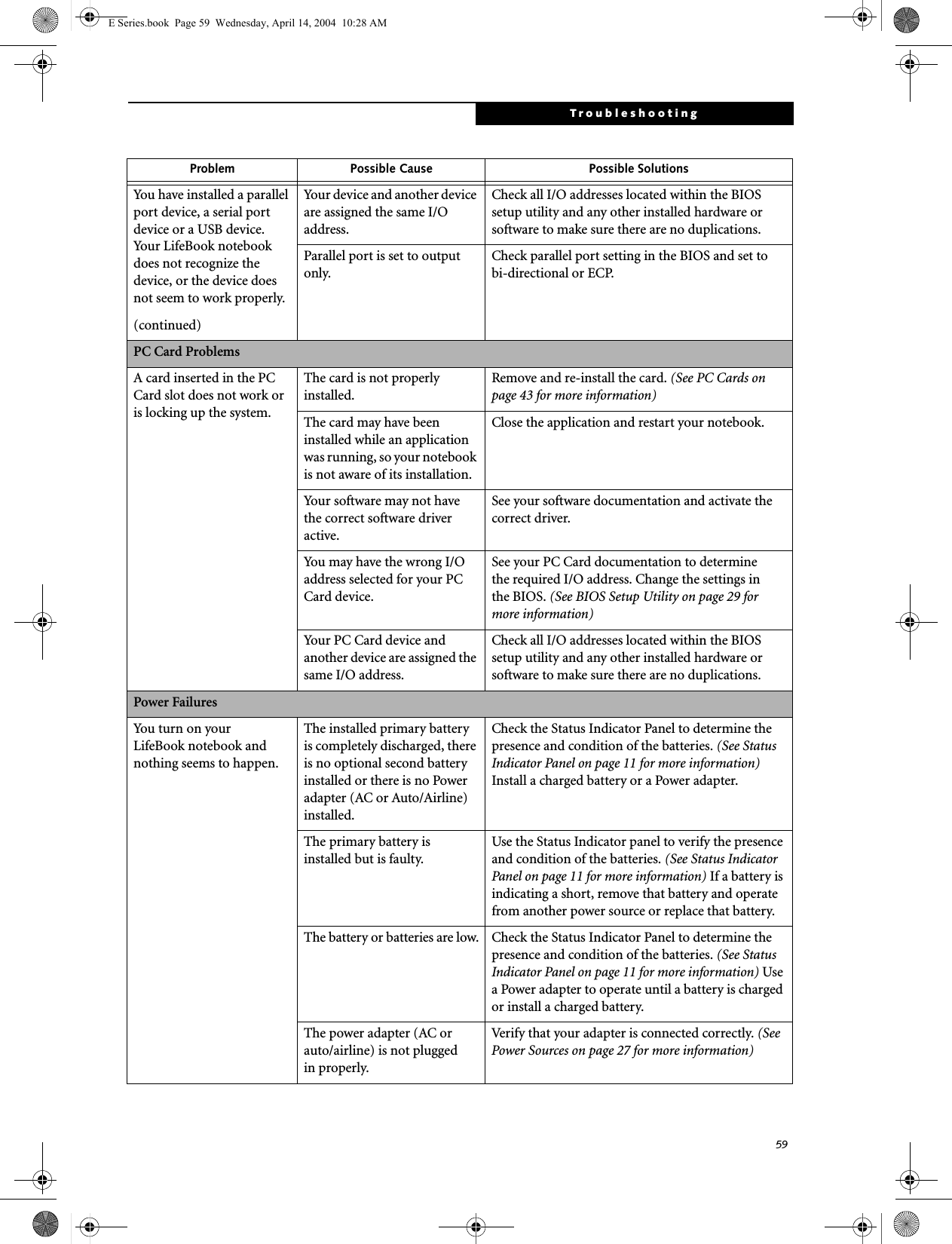 59TroubleshootingYou have installed a parallel port device, a serial port device or a USB device. Your LifeBook notebook does not recognize the device, or the device does not seem to work properly.(continued)Your device and another device are assigned the same I/O address.Check all I/O addresses located within the BIOS setup utility and any other installed hardware or software to make sure there are no duplications.Parallel port is set to output only.Check parallel port setting in the BIOS and set tobi-directional or ECP.PC Card ProblemsA card inserted in the PC Card slot does not work or is locking up the system.The card is not properly installed.Remove and re-install the card. (See PC Cards on page 43 for more information)The card may have been installed while an application was running, so your notebook is not aware of its installation.Close the application and restart your notebook.Your software may not have the correct software driver active.See your software documentation and activate the correct driver.You may have the wrong I/O address selected for your PC Card device.See your PC Card documentation to determinethe required I/O address. Change the settings inthe BIOS. (See BIOS Setup Utility on page 29 for more information)Your PC Card device and another device are assigned the same I/O address.Check all I/O addresses located within the BIOS setup utility and any other installed hardware or software to make sure there are no duplications.Power FailuresYou turn on your LifeBook notebook and nothing seems to happen.The installed primary battery is completely discharged, there is no optional second battery installed or there is no Power adapter (AC or Auto/Airline) installed.Check the Status Indicator Panel to determine the presence and condition of the batteries. (See Status Indicator Panel on page 11 for more information) Install a charged battery or a Power adapter.The primary battery is installed but is faulty.Use the Status Indicator panel to verify the presence and condition of the batteries. (See Status Indicator Panel on page 11 for more information) If a battery is indicating a short, remove that battery and operate from another power source or replace that battery.The battery or batteries are low. Check the Status Indicator Panel to determine the presence and condition of the batteries. (See Status Indicator Panel on page 11 for more information) Use a Power adapter to operate until a battery is charged or install a charged battery.The power adapter (AC or auto/airline) is not pluggedin properly.Verify that your adapter is connected correctly. (See Power Sources on page 27 for more information)Problem Possible Cause Possible SolutionsE Series.book  Page 59  Wednesday, April 14, 2004  10:28 AM