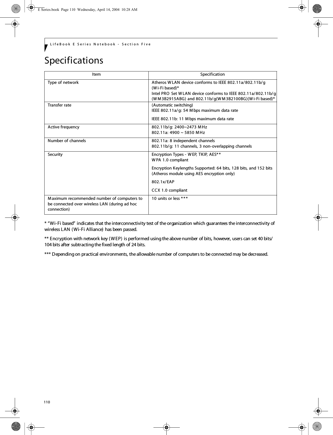 110LifeBook E Series Notebook - Section FiveSpecifications* &ldquo;Wi-Fi based&rdquo; indicates that the interconnectivity test of the organization which guarantees the interconnectivity of wireless LAN (Wi-Fi Alliance) has been passed.** Encryption with network key (WEP) is performed using the above number of bits, however, users can set 40 bits/104 bits after subtracting the fixed length of 24 bits.*** Depending on practical environments, the allowable number of computers to be connected may be decreased.Item SpecificationType of network  Atheros W LAN device conforms to IEEE 802.11a/802.11b/g (W i-Fi based)*Intel PRO  Set W LAN device conforms to IEEE 802.11a/802.11b/g(W M 3B2915ABG) and 802.11b/g(W M3B2100BG)(W i-Fi based)*Transfer rate (Automatic switching)IEEE 802.11a/g: 54 M bps maximum data rate IEEE 802.11b: 11 M bps maximum data rateActive frequency 802.11b/g: 2400~2473 M Hz 802.11a: 4900 ~ 5850 M HzNumber of channels 802.11a: 8 independent channels802.11b/g: 11 channels, 3 non-overlapping channels Security  Encryption Types - W EP, TKIP, AES* *W PA 1.0 compliant Encryption Keylengths Supported: 64 bits, 128 bits, and 152 bits (Atheros module using AES encryption only)802.1x/EAPCCX 1.0 compliantM aximum recommended number of computers to be connected over wireless LAN (during ad hoc connection)10 units or less * * *E Series.book  Page 110  Wednesday, April 14, 2004  10:28 AM