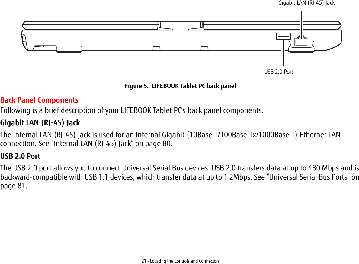 21 - Locating the Controls and ConnectorsFigure 5. LIFEBOOK Tablet PC back panelBack Panel ComponentsFollowing is a brief description of your LIFEBOOK Tablet PC’s back panel components. Gigabit LAN (RJ-45) Jack The internal LAN (RJ-45) jack is used for an internal Gigabit (10Base-T/100Base-Tx/1000Base-T) Ethernet LAN connection. See “Internal LAN (RJ-45) Jack” on page 80.USB 2.0 Port The USB 2.0 port allows you to connect Universal Serial Bus devices. USB 2.0 transfers data at up to 480 Mbps and is backward-compatible with USB 1.1 devices, which transfer data at up to 1 2Mbps. See “Universal Serial Bus Ports” on page 81. Gigabit LAN (RJ-45) JackUSB 2.0 Port