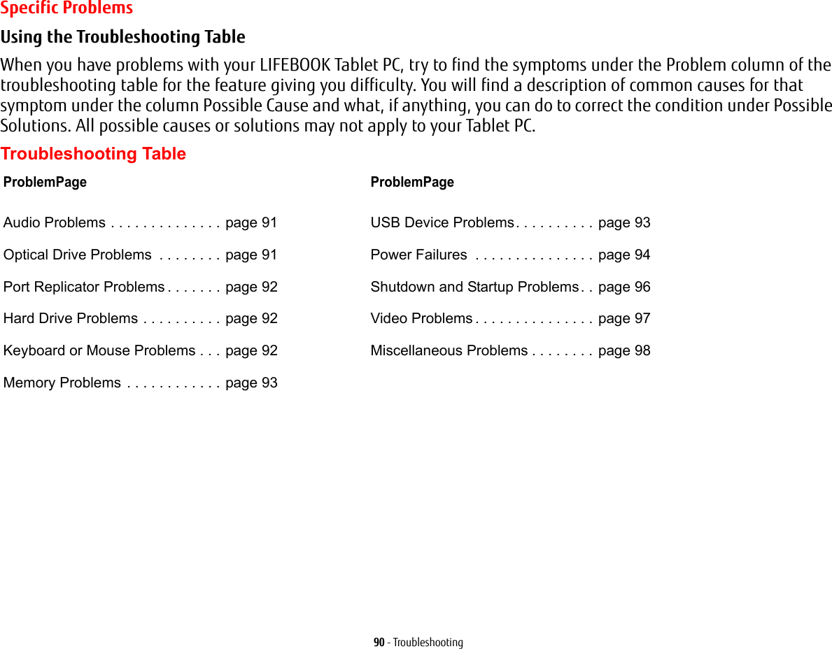90 - TroubleshootingSpecific ProblemsUsing the Troubleshooting Table When you have problems with your LIFEBOOK Tablet PC, try to find the symptoms under the Problem column of the troubleshooting table for the feature giving you difficulty. You will find a description of common causes for that symptom under the column Possible Cause and what, if anything, you can do to correct the condition under Possible Solutions. All possible causes or solutions may not apply to your Tablet PC.Troubleshooting TableProblemPageAudio Problems . . . . . . . . . . . . . . page 91Optical Drive Problems . . . . . . . . page 91Port Replicator Problems . . . . . . . page 92Hard Drive Problems . . . . . . . . . . page 92Keyboard or Mouse Problems . . . page 92Memory Problems . . . . . . . . . . . . page 93ProblemPageUSB Device Problems. . . . . . . . . . page 93Power Failures . . . . . . . . . . . . . . . page 94Shutdown and Startup Problems. . page 96Video Problems . . . . . . . . . . . . . . . page 97Miscellaneous Problems . . . . . . . . page 98