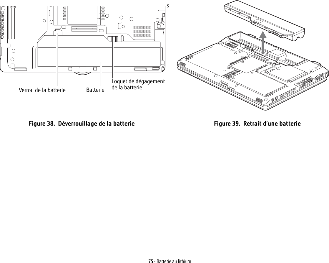 Loquet de d&eacute;gagement Verrou de la batterie Batterie de la batteriesFigure 38.  D&eacute;verrouillage de la batterie Figure 39.  Retrait d&rsquo;une batterie75 - Batterie au lithium