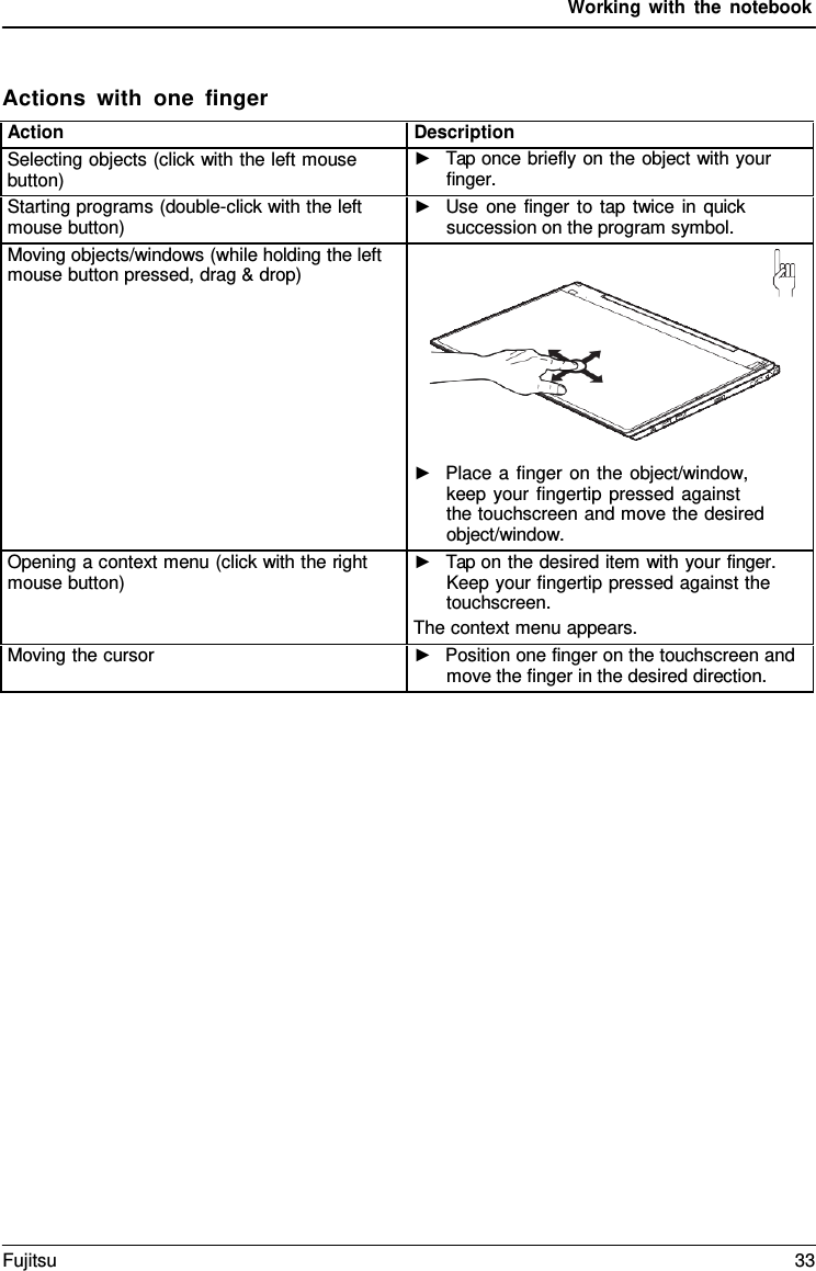 Working with the notebook    Actions with one finger  Action Description Selecting objects (click with the left mouse button) ►   Tap once briefly on the object with your finger. Starting programs (double-click with the left mouse button) ►   Use one finger to tap twice in quick succession on the program symbol. Moving objects/windows (while holding the left mouse button pressed, drag &amp; drop)    ►   Place a finger on the object/window, keep your fingertip pressed against the touchscreen and move the desired object/window. Opening a context menu (click with the right mouse button) ►   Tap on the desired item with your finger. Keep your fingertip pressed against the touchscreen. The context menu appears. Moving the cursor ►   Position one finger on the touchscreen and move the finger in the desired direction. Fujitsu 33  