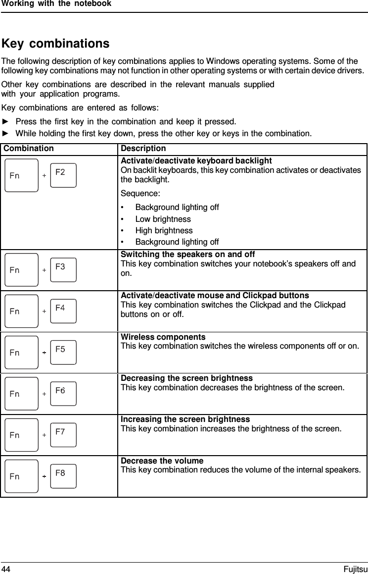 Working with the notebook    Key combinations The following description of key combinations applies to Windows operating systems. Some of the following key combinations may not function in other operating systems or with certain device drivers. Other key combinations are described in the relevant manuals supplied with your application programs. Key combinations are entered as follows: ►   Press the first key in the combination and keep it pressed. ►   While holding the first key down, press the other key or keys in the combination.  Combination Description  Activate/deactivate keyboard backlight On backlit keyboards, this key combination activates or deactivates the backlight. Sequence: &bull; Background lighting off &bull; Low brightness &bull; High brightness &bull; Background lighting off  Switching the speakers on and off This key combination switches your notebook&rsquo;s speakers off and on.  Activate/deactivate mouse and Clickpad buttons This key combination switches the Clickpad and the Clickpad  buttons on or off.  Wireless components This key combination switches the wireless components off or on.  Decreasing the screen brightness This key combination decreases the brightness of the screen.  Increasing the screen brightness This key combination increases the brightness of the screen.  Decrease the volume This key combination reduces the volume of the internal speakers. 44 Fujitsu  