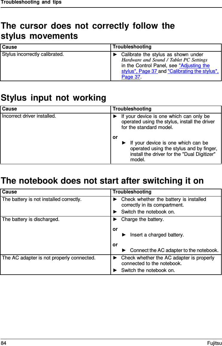 Troubleshooting and tips   The cursor does not correctly follow the stylus movements  Cause Troubleshooting Stylus incorrectly calibrated. ►   Calibrate the stylus as shown under Hardware and Sound / Tablet PC Settings in the Control Panel, see "Adjusting the stylus", Page 37 and "Calibrating the stylus",  Page 37.  Stylus input not working  Cause Troubleshooting Incorrect driver installed. ►   If your device is one which can only be operated using the stylus, install the driver for the standard model. or ►   If your device is one which can be operated using the stylus and by finger, install the driver for the "Dual Digitizer" model.  The notebook does not start after switching it on  Cause Troubleshooting The battery is not installed correctly. ►   Check whether the battery is installed correctly in its compartment. ►   Switch the notebook on. The battery is discharged. ►   Charge the battery. or ►   Insert a charged battery. or ►   Connect the AC adapter to the notebook. The AC adapter is not properly connected. ►   Check whether the AC adapter is properly connected to the notebook. ►   Switch the notebook on. 84 Fujitsu  