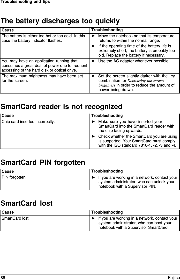 Troubleshooting and tips   The battery discharges too quickly  Cause Troubleshooting The battery is either too hot or too cold. In this case the battery indicator flashes. ►   Move the notebook so that its temperature returns to within the normal range. ►   If the operating time of the battery life is extremely short, the battery is probably too old. Replace the battery if necessary. You may have an application running that consumes a great deal of power due to frequent accessing of the hard disk or optical drive. ►   Use the AC adapter whenever possible. The maximum brightness may have been set for the screen. ►   Set the screen slightly darker with the key combination for Decreasing the screen brightness in order to reduce the amount of power being drawn.  SmartCard reader is not recognized  Cause Troubleshooting Chip card inserted incorrectly. ►   Make sure you have inserted your SmartCard into the SmartCard reader with the chip facing upwards. ►   Check whether the SmartCard you are using is supported. Your SmartCard must comply with the ISO standard 7816-1, -2, -3 and -4.  SmartCard PIN forgotten  Cause Troubleshooting PIN forgotten ►   If you are working in a network, contact your system administrator, who can unlock your notebook with a Supervisor PIN.  SmartCard  lost  Cause Troubleshooting SmartCard lost. ►   If you are working in a network, contact your system administrator, who can boot your notebook with a Supervisor SmartCard. 86 Fujitsu  