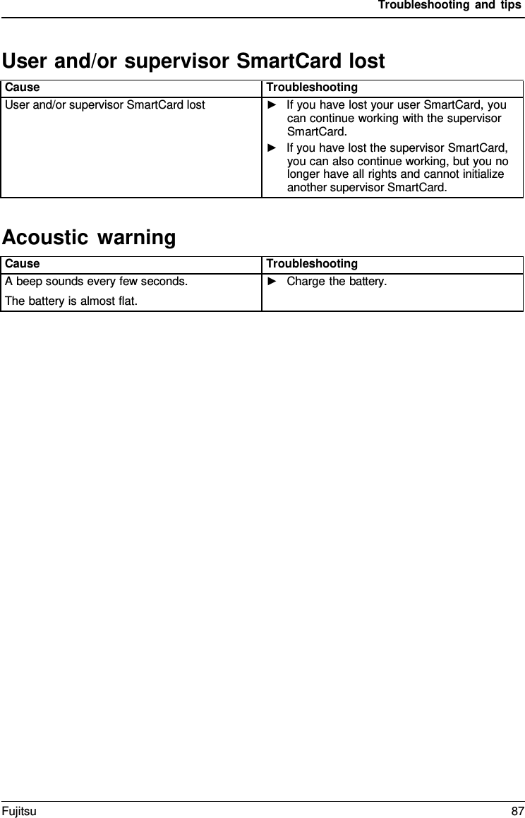 Troubleshooting and tips   User and/or supervisor SmartCard lost  Cause Troubleshooting User and/or supervisor SmartCard lost ►   If you have lost your user SmartCard, you can continue working with the supervisor SmartCard. ►   If you have lost the supervisor SmartCard, you can also continue working, but you no longer have all rights and cannot initialize another supervisor SmartCard.  Acoustic warning  Cause Troubleshooting A beep sounds every few seconds. The battery is almost flat. ►   Charge the battery. Fujitsu 87  