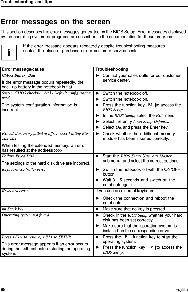 Troubleshooting and tips   Error messages on the screen This section describes the error messages generated by the BIOS Setup. Error messages displayed by the operating system or programs are described in the documentation for these programs.  If the error message appears repeatedly despite troubleshooting measures, contact the place of purchase or our customer service center.   Error message/cause Troubleshooting CMOS Battery Bad If the error message occurs repeatedly, the back-up battery in the notebook is flat. ►   Contact your sales outlet or our customer service center. System CMOS checksum bad - Default configuration used The system configuration information is incorrect. ►   Switch the notebook off. ►   Switch the notebook on. ►   Press the function key  F2   to access the BIOS Setup. ►   In the BIOS Setup, select the Exit menu. ►   Select the entry Load Setup Defaults. ►   Select OK and press the Enter key. Extended memory failed at offset: xxxx Failing Bits: zzzz zzzz When testing the extended memory. an error has resulted at the address xxxx. ►   Check whether the additional memory module has been inserted correctly. Failure Fixed Disk n The settings of the hard disk drive are incorrect. ►   Start the BIOS Setup (Primary Master submenu) and select the correct settings. Keyboard controller error ►   Switch the notebook off with the ON/OFF button. ►   Wait 3 - 5 seconds and switch on the notebook again. Keyboard error If you use an external keyboard: ►   Check the connection and reboot the notebook. nn Stuck key ►   Make sure that no key is pressed. Operating system not found ►   Check in the BIOS Setup whether your hard disk has been set correctly. ►   Make sure that the operating system is installed on the corresponding drive. Press <F1> to resume, <F2> to SETUP This error message appears if an error occurs during the self-test before starting the operating system. ►   Press the F1 function key to start the  ► operating system. Press the function BIOS Setup.  key  F2  to  access  the 88 Fujitsu  