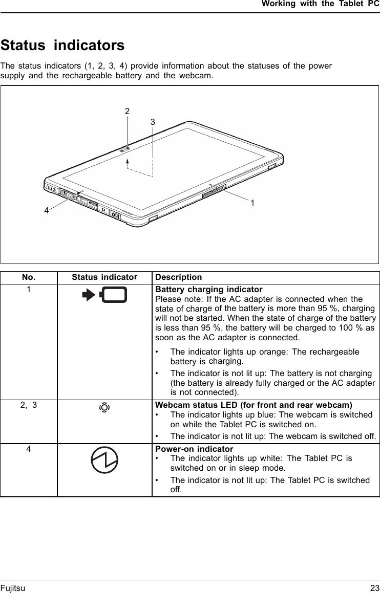 Working with the Tablet PCStatus indicatorsStatusindicatorsSymbolsThe status indicators (1, 2, 3, 4) provide information about the statuses of the powersupply and the rechargeable battery and the webcam.1423No. Status indicatorDescription1Battery charging indicatorPlease note: If the AC adapter is connected when thestate of charge of the battery is more than 95 %, chargingwill not be started. When the state of charge of the batteryis less than 95 %, the battery will be charged to 100 % assoon as the AC adapter is connected.&bull; The indicator lights up orange: The rechargeablebattery is charging.&bull; The indicator is not lit up: The battery is not charging(the battery is already fully charged or the AC adapteris not connected).2, 3 Webcam status LED (for front and rear webcam)&bull; The indicator lights up blue: The webcam is switchedon while the Tablet PC is switched on.&bull; The indicator is not lit up: The webcam is switched off.4Power-on indicator&bull; The indicator lights up white: The Tablet PC isswitched on or in sleep mode.&bull; The indicator is not lit up: The Tablet PC is switchedoff.Fujitsu 23