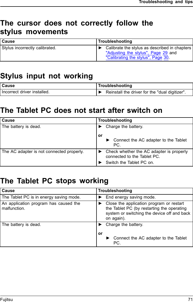 Troubleshooting and tipsThe cursor does not correctly follow thestylus movementsCause TroubleshootingStylus incorrectly calibrated. ►Calibrate the stylus as described in chapters"Adjusting the stylus", Page 29 and"Calibrating the stylus", Page 30.Stylus input not workingCause TroubleshootingIncorrect driver installed. ►Reinstall the driver for the "dual digitizer".The Tablet PC does not start after switch onTabletPCCause TroubleshootingThe battery is dead. ►Charge the battery.or►Connect the AC adapter to the TabletPC.The AC adapter is not connected properly. ►Check whether the AC adapter is properlyconnected to the Tablet PC.►Switch the Tablet PC on.The Tablet PC stops workingTabletPCEndingCause TroubleshootingThe Tablet PC is in energy saving mode. ►End energy saving mode.An application program has caused themalfunction.►Close the application program or restartthe Tablet PC (by restarting the operatingsystem or switching the device off and backon again).The battery is dead. ►Charge the battery.or►Connect the AC adapter to the TabletPC.Fujitsu 71