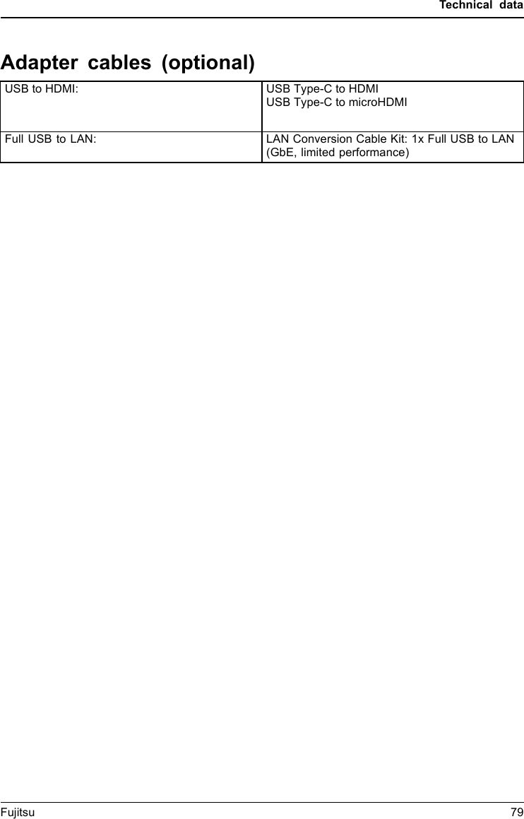 Technical dataAdapter cables (optional)USB to HDMI: USB Type-C to HDMIUSB Type-C to microHDMIFull USB to LAN: LAN Conversion Cable Kit: 1x Full USB to LAN(GbE, limited performance)Fujitsu 79