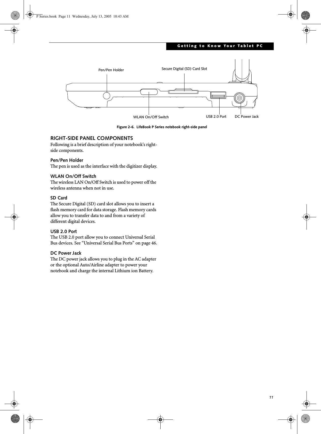 11Getting to Know Your Tablet PCFigure 2-6.  LifeBook P Series notebook right-side panelRIGHT-SIDE PANEL COMPONENTSFollowing is a brief description of your notebook&rsquo;s right-side components. Pen/Pen HolderThe pen is used as the interface with the digitizer display.WLAN On/Off SwitchThe wireless LAN On/Off Switch is used to power off the wireless antenna when not in use.SD CardThe Secure Digital (SD) card slot allows you to insert a flash memory card for data storage. Flash memory cards allow you to transfer data to and from a variety of different digital devices.USB 2.0 PortThe USB 2.0 port allow you to connect Universal Serial Bus devices. See &ldquo;Universal Serial Bus Ports&rdquo; on page 46.DC Power JackThe DC power jack allows you to plug in the AC adapter or the optional Auto/Airline adapter to power your notebook and charge the internal Lithium ion Battery.USB 2.0 PortSecure Digital (SD) Card SlotPen/Pen HolderWLAN On/Off Switch DC Power JackP Series.book  Page 11  Wednesday, July 13, 2005  10:43 AM
