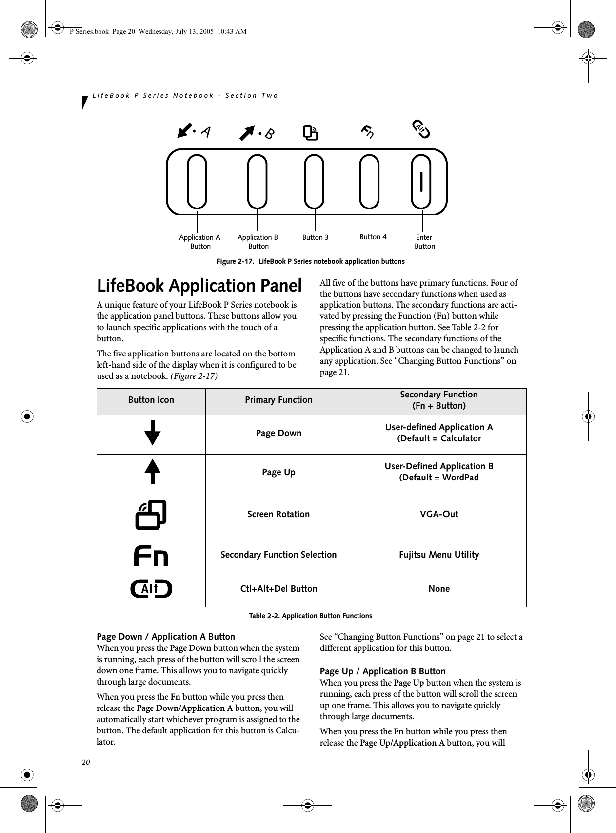 20LifeBook P Series Notebook - Section TwoFigure 2-17.  LifeBook P Series notebook application buttons LifeBook Application PanelA unique feature of your LifeBook P Series notebook is the application panel buttons. These buttons allow you to launch specific applications with the touch of a button. The five application buttons are located on the bottom left-hand side of the display when it is configured to be used as a notebook. (Figure 2-17) All five of the buttons have primary functions. Four of the buttons have secondary functions when used as application buttons. The secondary functions are acti-vated by pressing the Function (Fn) button while pressing the application button. See Table 2-2 for specific functions. The secondary functions of the Application A and B buttons can be changed to launch any application. See &ldquo;Changing Button Functions&rdquo; on page 21. Table 2-2. Application Button FunctionsPage Down / Application A ButtonWhen you press the Page Down button when the system is running, each press of the button will scroll the screen down one frame. This allows you to navigate quickly through large documents.When you press the Fn button while you press then release the Page Down/Application A button, you will automatically start whichever program is assigned to the button. The default application for this button is Calcu-lator.See &ldquo;Changing Button Functions&rdquo; on page 21 to select a different application for this button.Page Up / Application B ButtonWhen you press the Page Up button when the system is running, each press of the button will scroll the screen up one frame. This allows you to navigate quickly through large documents.When you press the Fn button while you press then release the Page Up/Application A button, you will ..ABnApplication A  Application B Button 4Enter Button ButtonButton 3ButtonButton Icon  Primary Function Secondary Function(Fn + Button)Page Down User-defined Application A(Default = CalculatorPage Up User-Defined Application B(Default = WordPadScreen Rotation VGA-OutSecondary Function Selection Fujitsu Menu UtilityCtl+Alt+Del Button NoneP Series.book  Page 20  Wednesday, July 13, 2005  10:43 AM