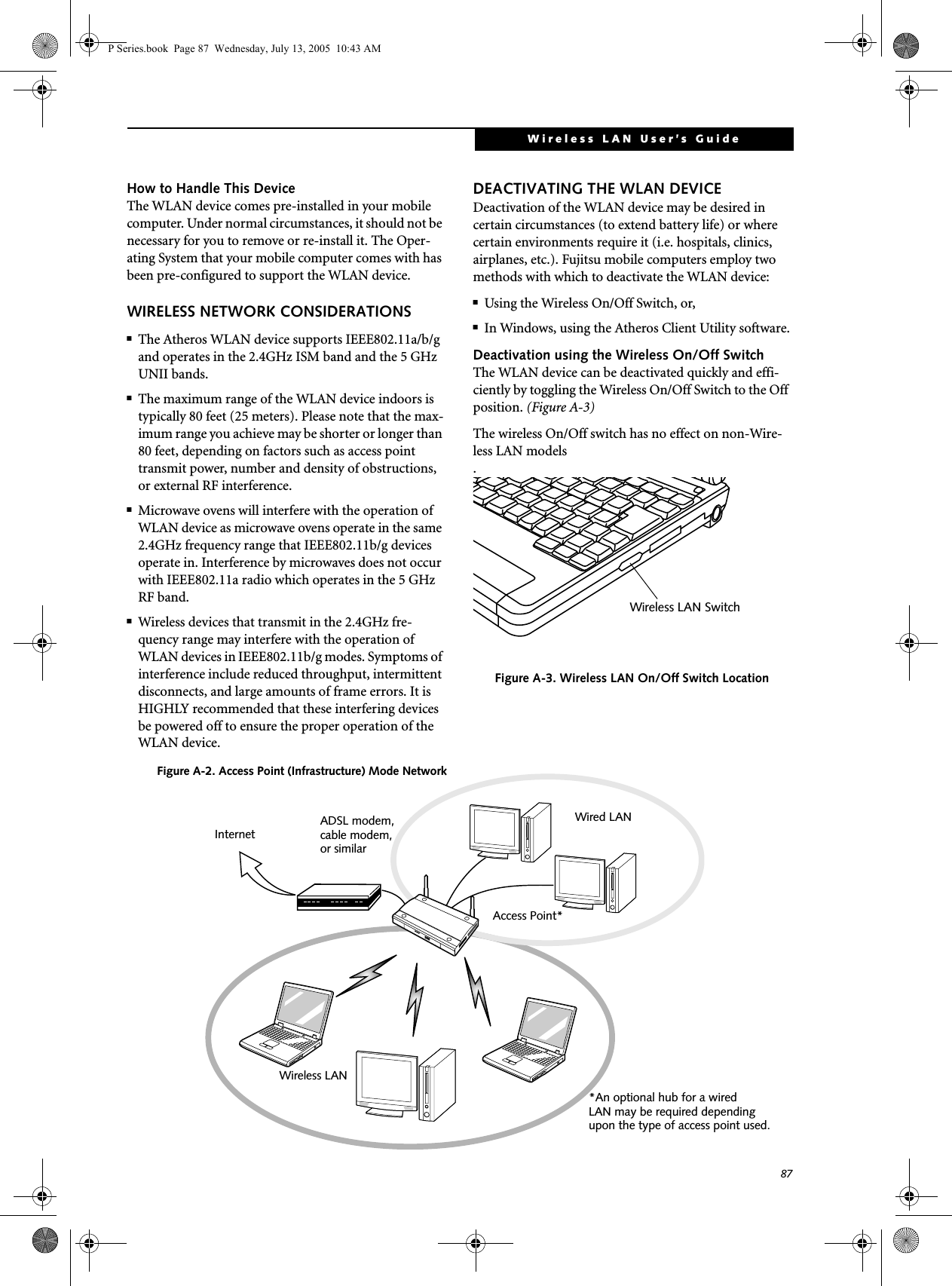 87Wireless LAN User’s Guide How to Handle This DeviceThe WLAN device comes pre-installed in your mobile computer. Under normal circumstances, it should not be necessary for you to remove or re-install it. The Oper-ating System that your mobile computer comes with has been pre-configured to support the WLAN device. WIRELESS NETWORK CONSIDERATIONS■The Atheros WLAN device supports IEEE802.11a/b/g and operates in the 2.4GHz ISM band and the 5 GHz UNII bands.■The maximum range of the WLAN device indoors is typically 80 feet (25 meters). Please note that the max-imum range you achieve may be shorter or longer than 80 feet, depending on factors such as access point transmit power, number and density of obstructions, or external RF interference.■Microwave ovens will interfere with the operation of WLAN device as microwave ovens operate in the same 2.4GHz frequency range that IEEE802.11b/g devices operate in. Interference by microwaves does not occur with IEEE802.11a radio which operates in the 5 GHz RF band.■Wireless devices that transmit in the 2.4GHz fre-quency range may interfere with the operation of WLAN devices in IEEE802.11b/g modes. Symptoms of interference include reduced throughput, intermittent disconnects, and large amounts of frame errors. It is HIGHLY recommended that these interfering devices be powered off to ensure the proper operation of the WLAN device.DEACTIVATING THE WLAN DEVICEDeactivation of the WLAN device may be desired in certain circumstances (to extend battery life) or where certain environments require it (i.e. hospitals, clinics, airplanes, etc.). Fujitsu mobile computers employ two methods with which to deactivate the WLAN device:■Using the Wireless On/Off Switch, or,■In Windows, using the Atheros Client Utility software.Deactivation using the Wireless On/Off SwitchThe WLAN device can be deactivated quickly and effi-ciently by toggling the Wireless On/Off Switch to the Off position. (Figure A-3)The wireless On/Off switch has no effect on non-Wire-less LAN models.Figure A-3. Wireless LAN On/Off Switch LocationWireless LAN SwitchFigure A-2. Access Point (Infrastructure) Mode NetworkADSL modem,cable modem,or similarInternetWired LANAccess Point*Wireless LAN*An optional hub for a wiredLAN may be required dependingupon the type of access point used.P Series.book Page 87 Wednesday, July 13, 2005 10:43 AM