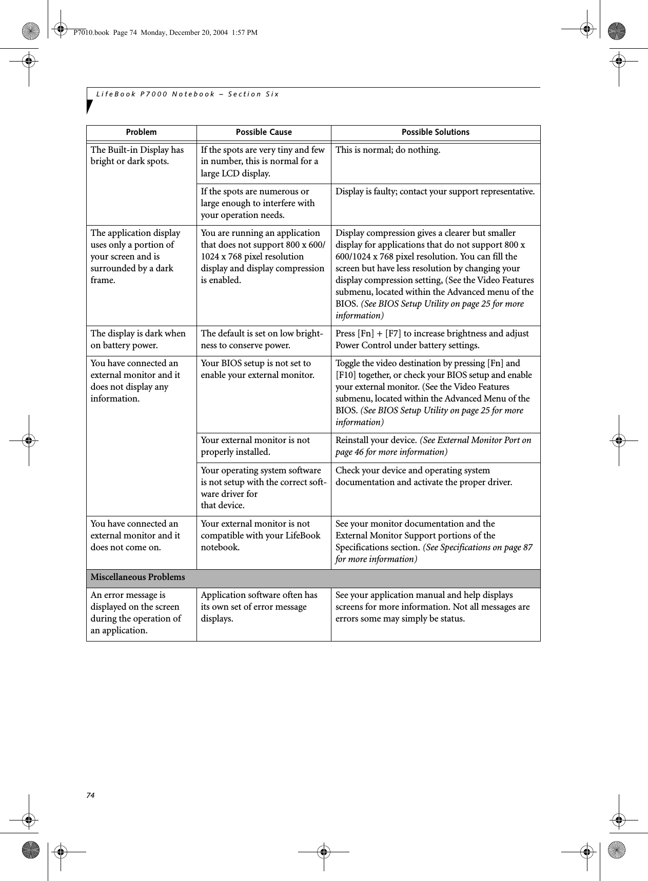 74LifeBook P7000 Notebook &ndash; Section SixThe Built-in Display has bright or dark spots.If the spots are very tiny and few in number, this is normal for a large LCD display.This is normal; do nothing.If the spots are numerous or large enough to interfere with your operation needs.Display is faulty; contact your support representative.The application display uses only a portion of your screen and is surrounded by a dark frame.You are running an application that does not support 800 x 600/1024 x 768 pixel resolution display and display compression is enabled.Display compression gives a clearer but smaller display for applications that do not support 800 x 600/1024 x 768 pixel resolution. You can fill the screen but have less resolution by changing your display compression setting, (See the Video Features submenu, located within the Advanced menu of the BIOS. (See BIOS Setup Utility on page 25 for more information)The display is dark when on battery power.The default is set on low bright-ness to conserve power.Press [Fn] + [F7] to increase brightness and adjust Power Control under battery settings.You have connected an external monitor and it does not display any information.Your BIOS setup is not set to enable your external monitor.Toggle the video destination by pressing [Fn] and [F10] together, or check your BIOS setup and enable your external monitor. (See the Video Features submenu, located within the Advanced Menu of the BIOS. (See BIOS Setup Utility on page 25 for more information)Your external monitor is not properly installed. Reinstall your device. (See External Monitor Port on page 46 for more information)Your operating system software is not setup with the correct soft-ware driver forthat device. Check your device and operating systemdocumentation and activate the proper driver.You have connected an external monitor and it does not come on.Your external monitor is not compatible with your LifeBook notebook.See your monitor documentation and theExternal Monitor Support portions of theSpecifications section. (See Specifications on page 87 for more information)Miscellaneous ProblemsAn error message is displayed on the screen during the operation ofan application.Application software often has its own set of error message displays. See your application manual and help displays screens for more information. Not all messages are errors some may simply be status.Problem Possible Cause Possible SolutionsP7010.book  Page 74  Monday, December 20, 2004  1:57 PM