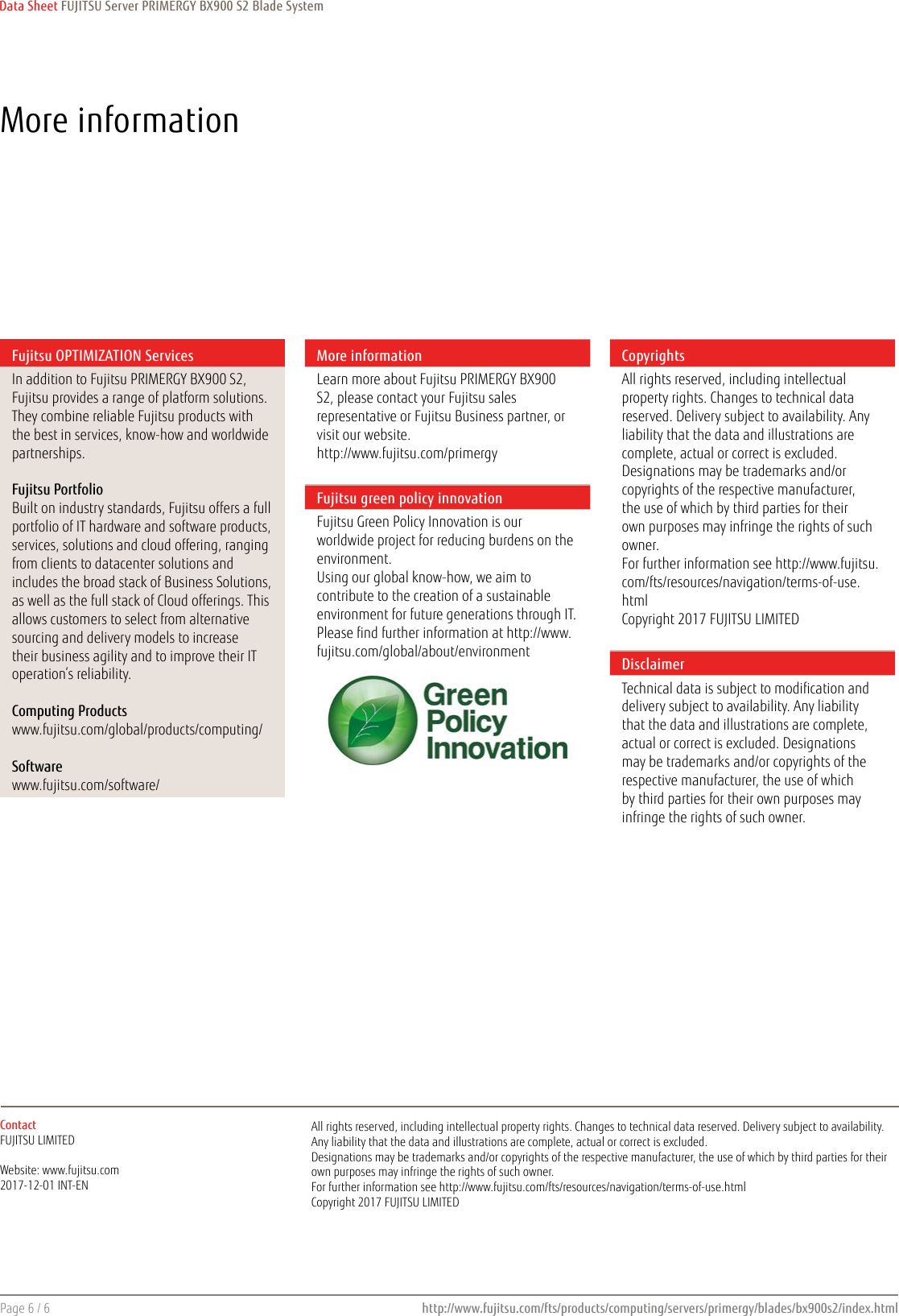 Page 6 of 6 - Fujitsu  PRIMERGY BX900 S2 Data Sheet Ds-py-bx900-s2
