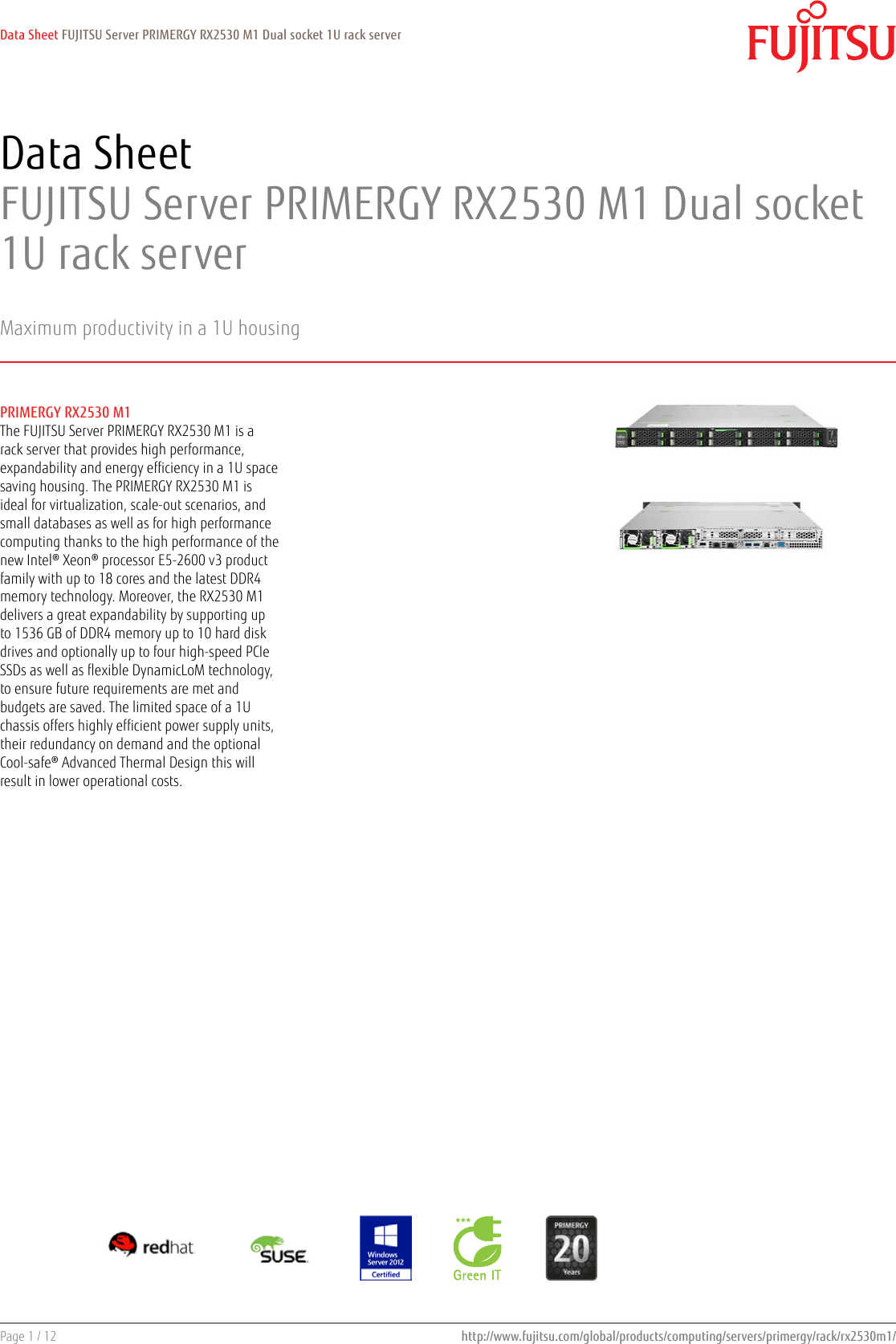 Page 1 of 12 - Fujitsu  PRIMERGY RX2530 M1 Data Sheet Ds-py-rx2530-m1