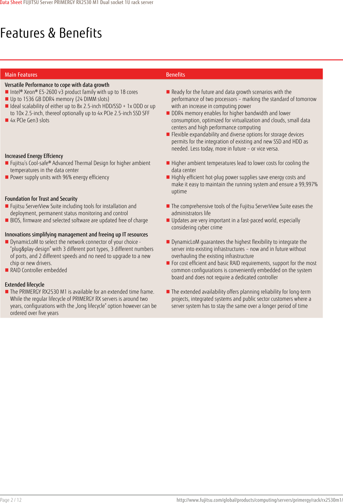 Page 2 of 12 - Fujitsu  PRIMERGY RX2530 M1 Data Sheet Ds-py-rx2530-m1
