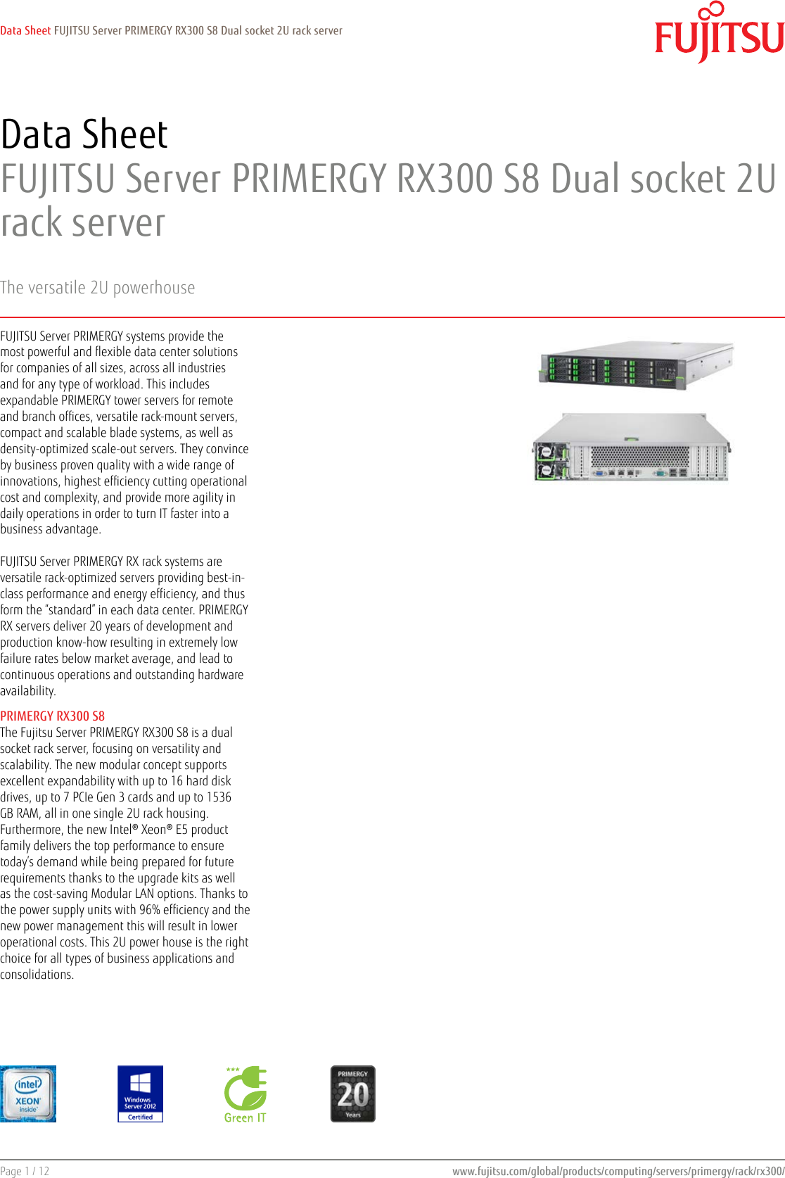 Page 1 of 12 - Fujitsu  PRIMERGY RX300 S8 Data Sheet Ds-py-rx300-s8