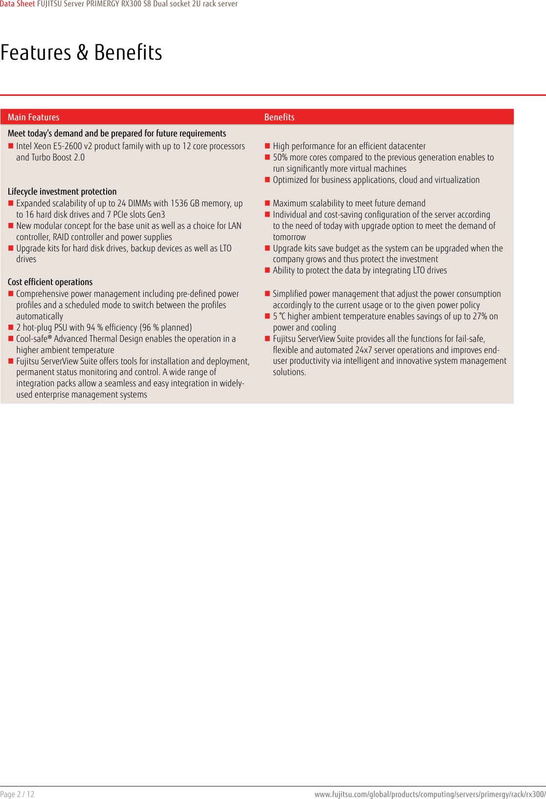 Page 2 of 12 - Fujitsu  PRIMERGY RX300 S8 Data Sheet Ds-py-rx300-s8