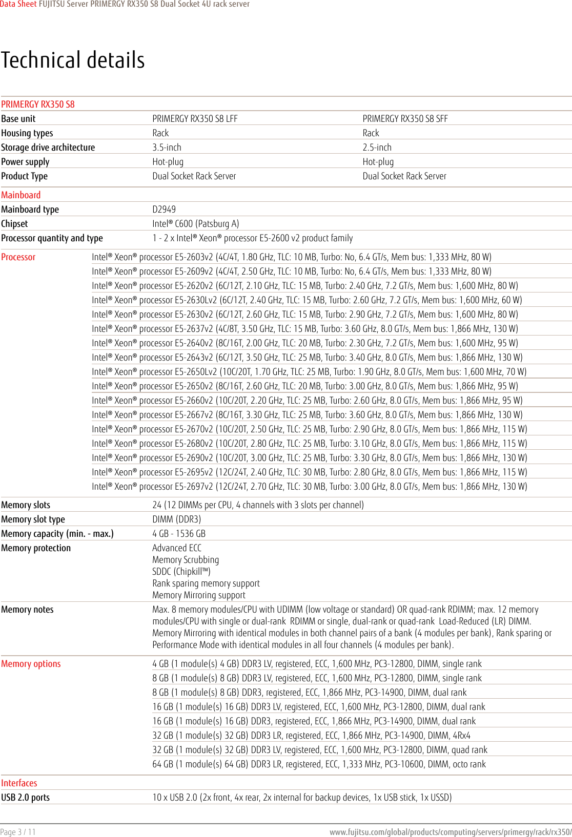 Page 3 of 11 - Fujitsu  PRIMERGY RX350 S8 Data Sheet Ds-py-rx350-s8